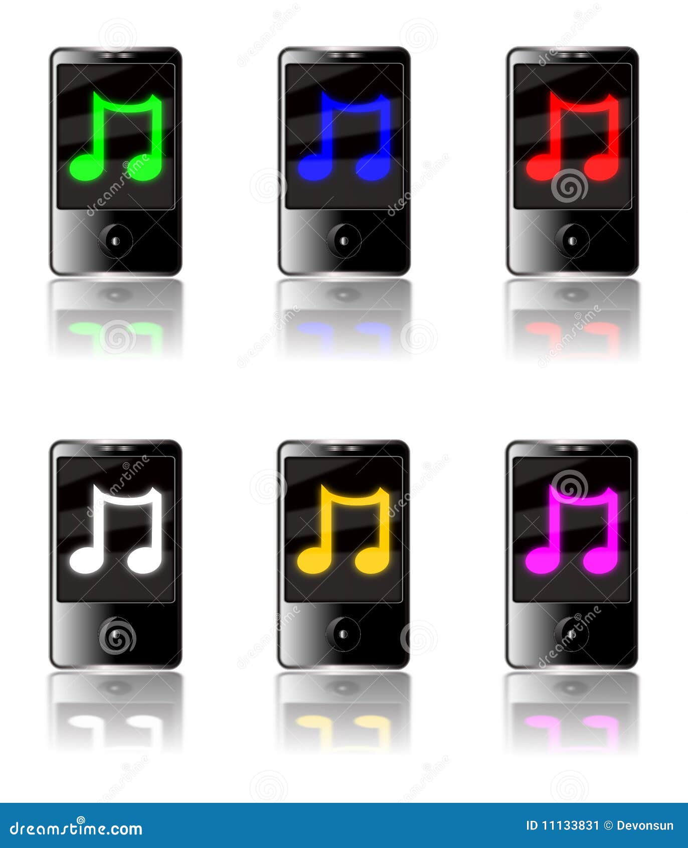 MP3-Player-Musik-Set. Abbildung von sechs generischen Touch Screen MP3-Spielern getrennt auf einem weißen Hintergrund mit einem leuchtenden Symbol der musikalischen Anmerkung auf jedem Bildschirm in den verschiedenen Farben mit Reflexionen unten.