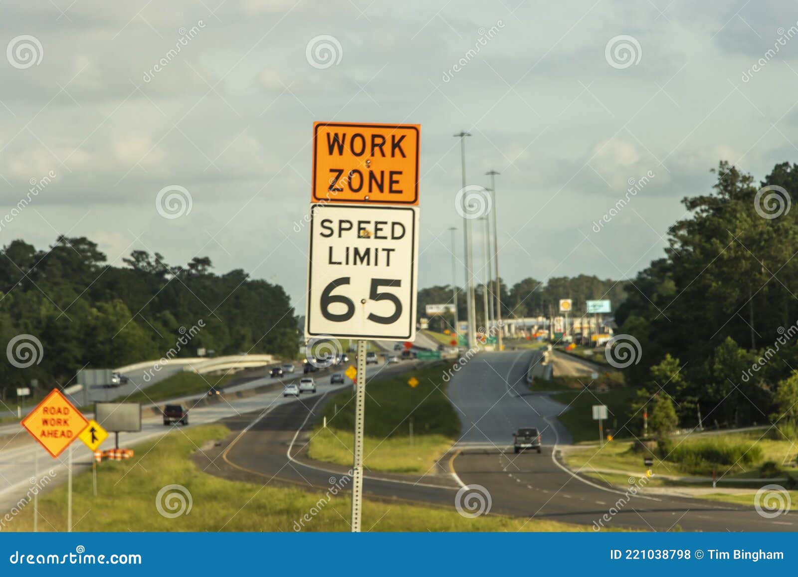 65 Mph Speed Limit Sign with Work Zone Stock Photo Image of tree