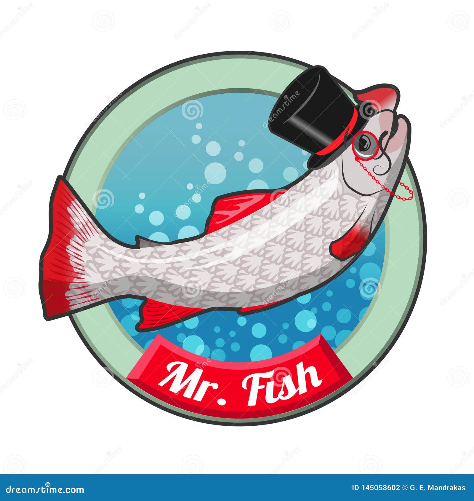  of mr. fish with elegant top hat, mustaches and monocle in logo style with round frame and nameplate