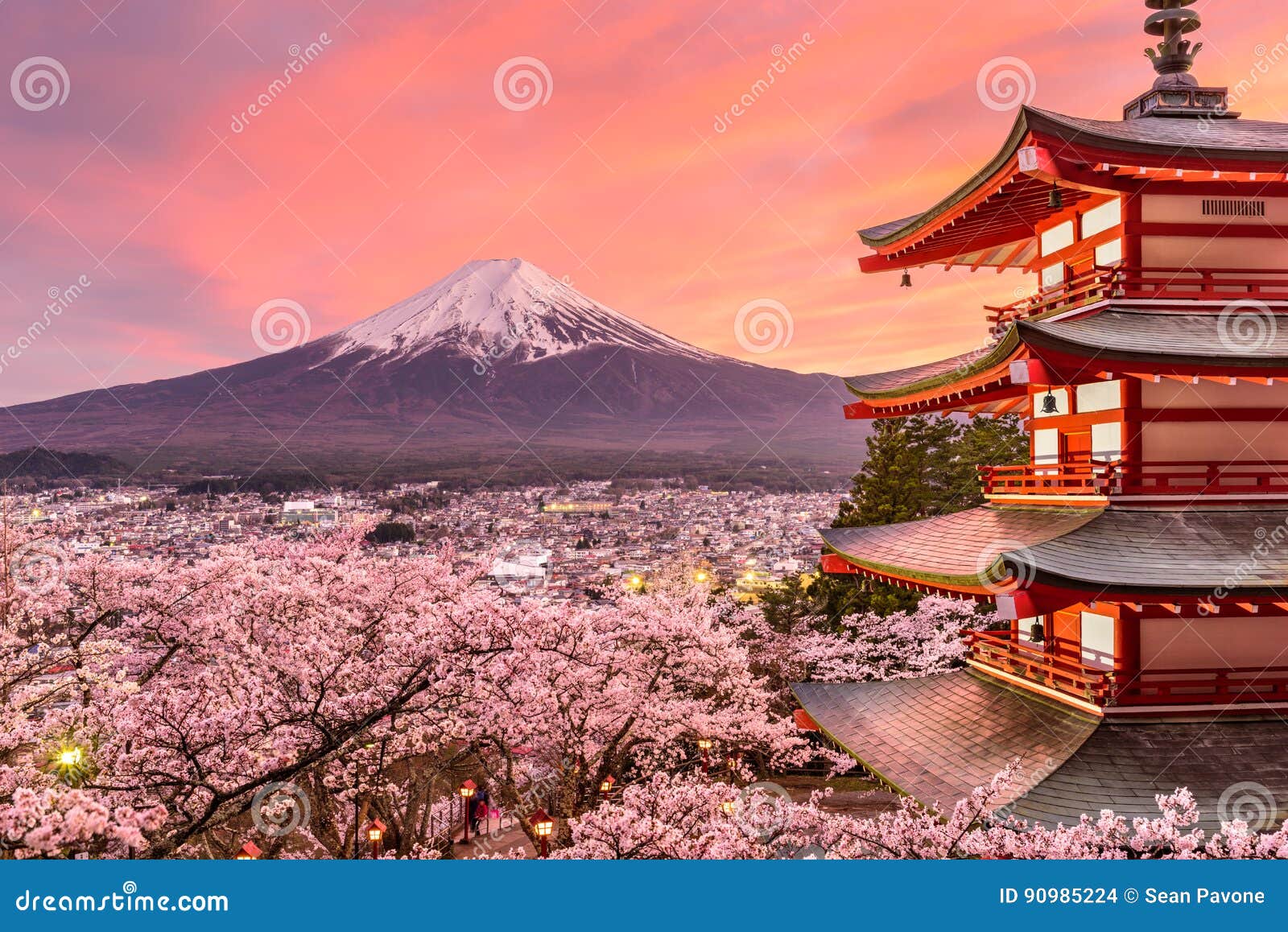 Mt. Fuji and Pagoda in Spring. Fujiyoshida, Japan at Chureito Pagoda and Mt. Fuji in the spring with cherry blossoms.