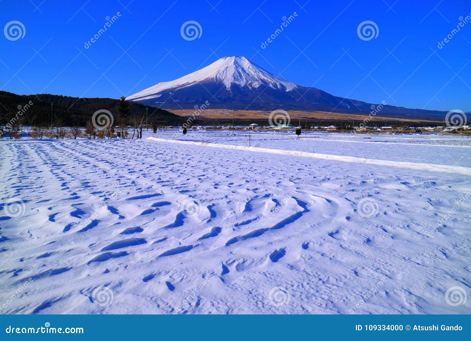 Mt Fuji śnieżny niebieskie niebo od Oshino wioski Japonia 01/27/2018