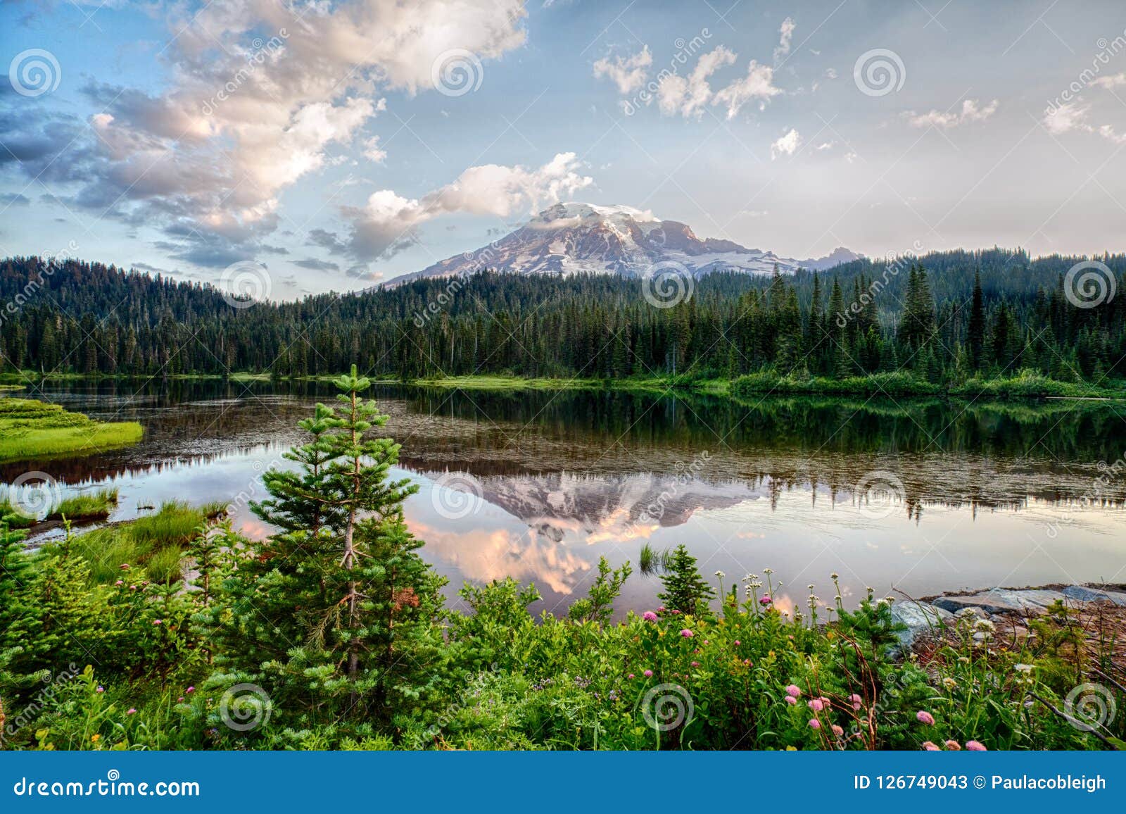 mt rainier and reflection lake at sunrise