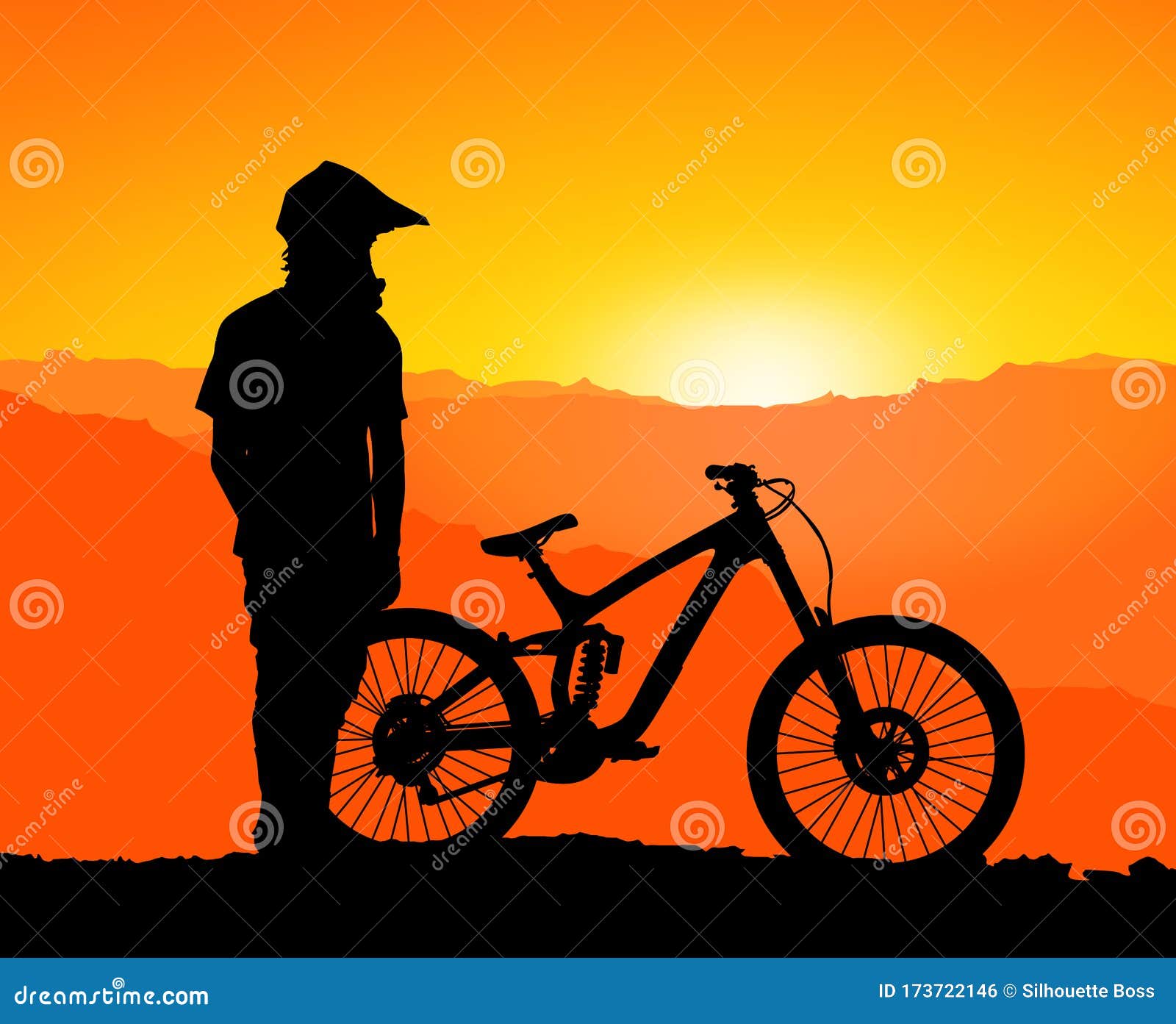 mtb / mountain bike downhill backflip in the mountains, landscape with the setting sun behind the mountains. without spokes at th