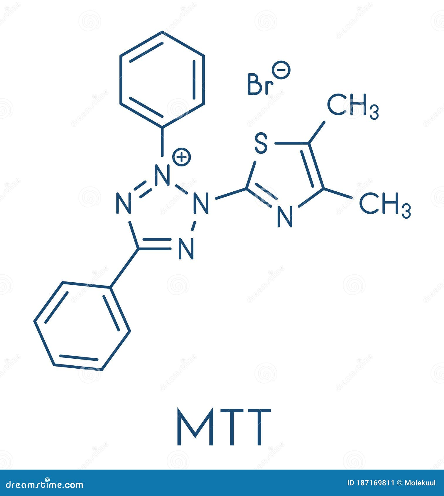 mtt yellow tetrazole dye molecule. used in mtt assay, used to measure cytotoxicity and cell metabolic activity. skeletal formula.