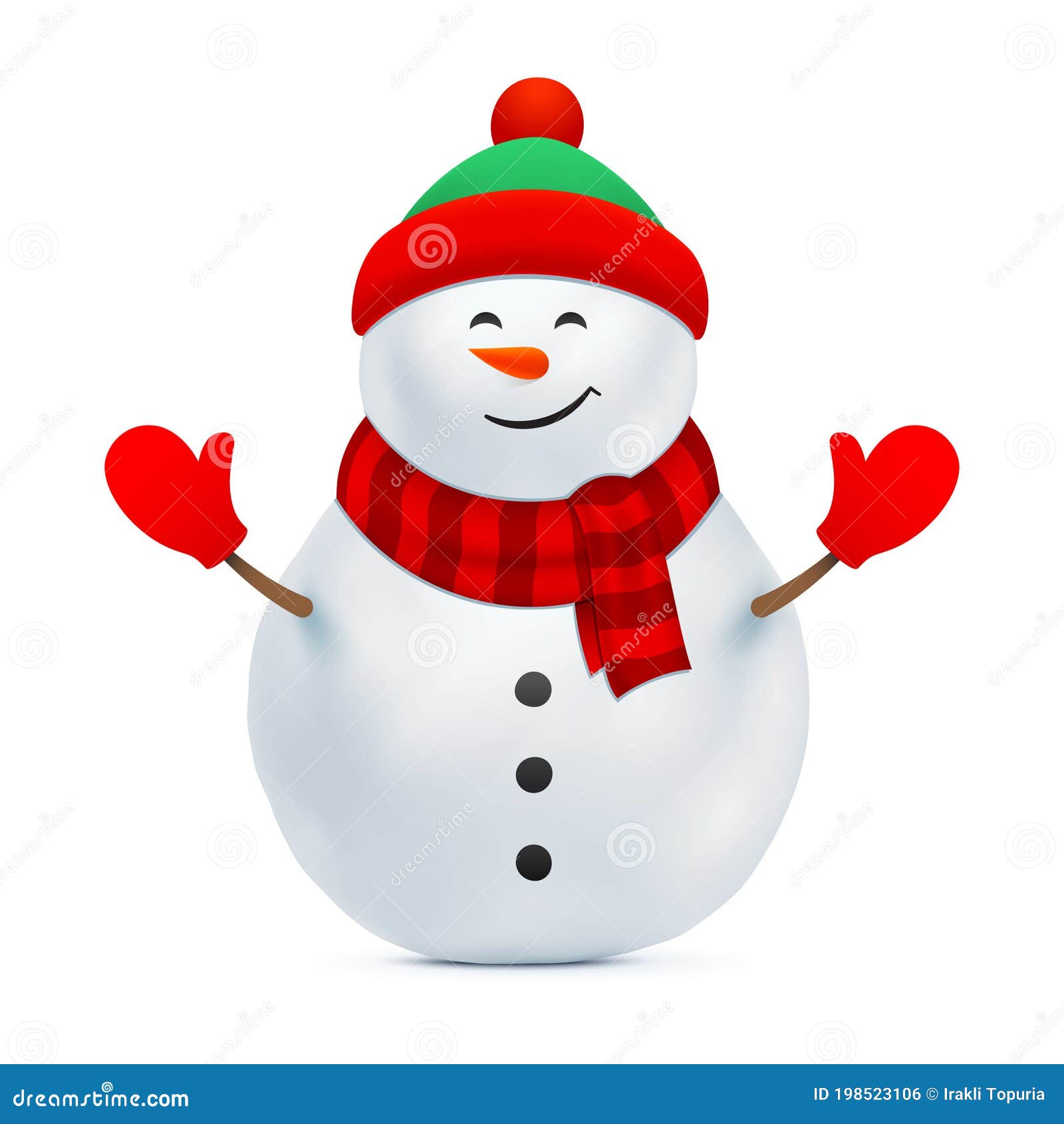 Muñeco De Nieve Con Sombrero De Abeja Y Guantes Rojos. Ilustración