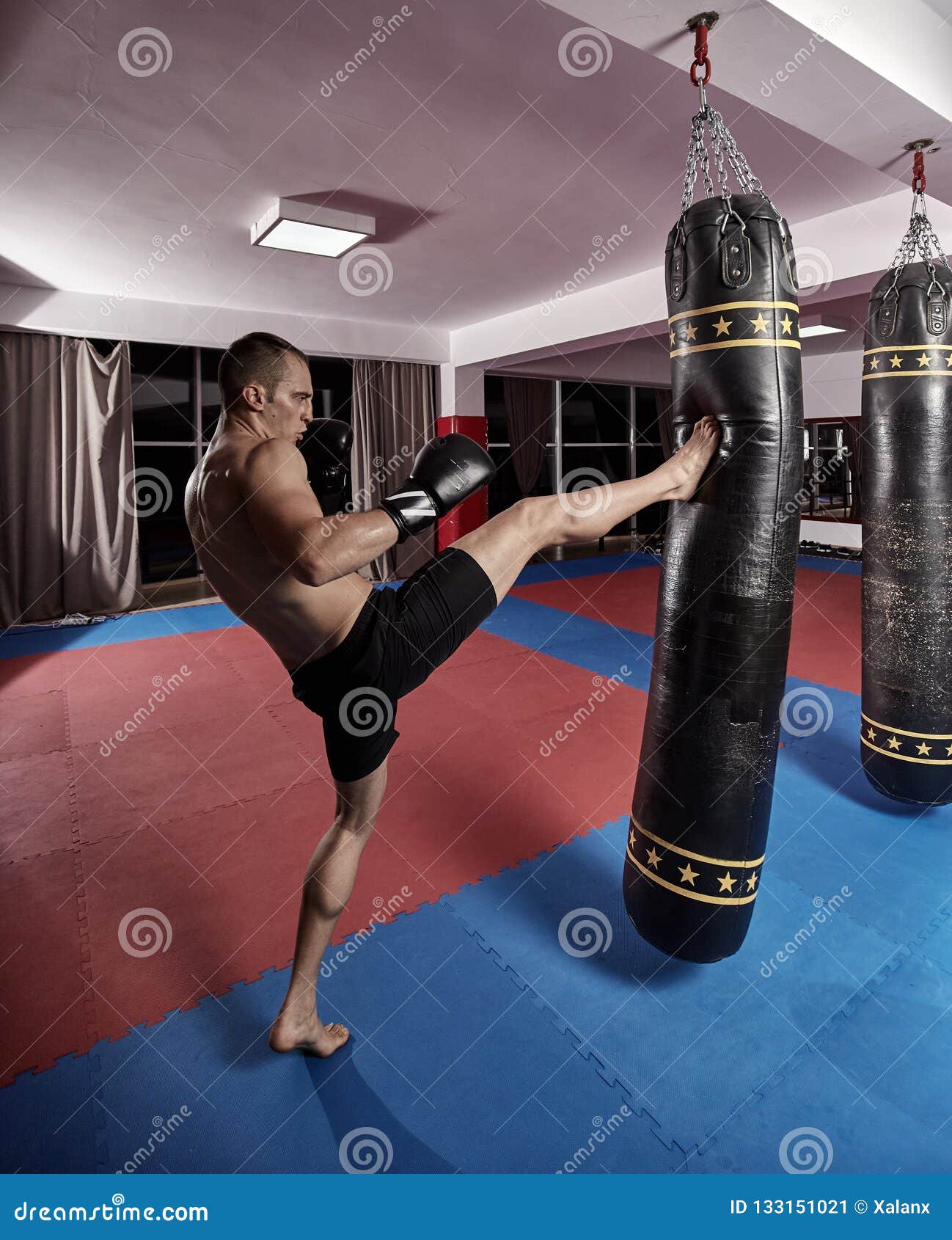 Muay Thai Fighter Working with Heavy Bag Stock Image Image of people