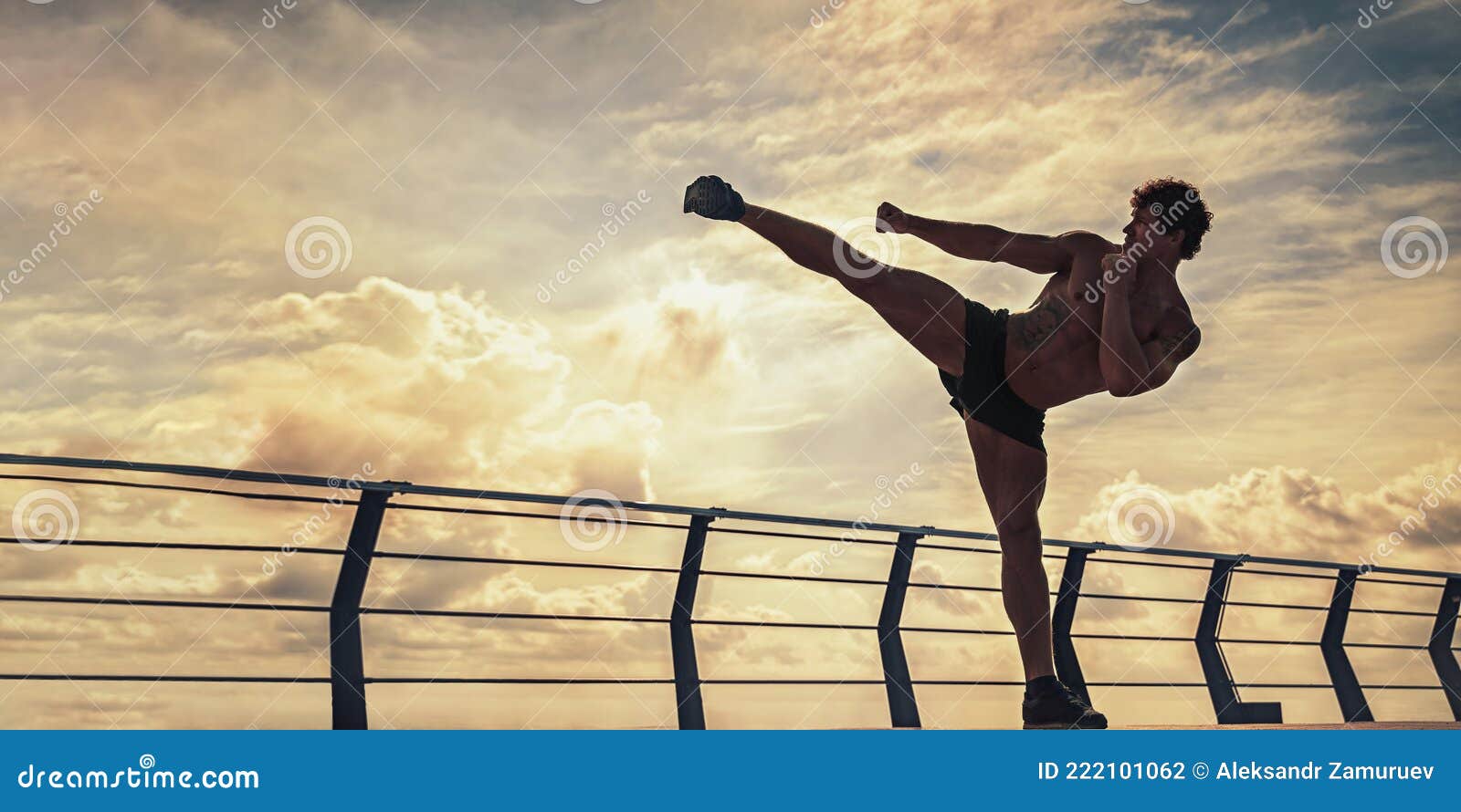 A Muay Thai or Kickboxer Training with Shadow Boxing Outdoor Stock