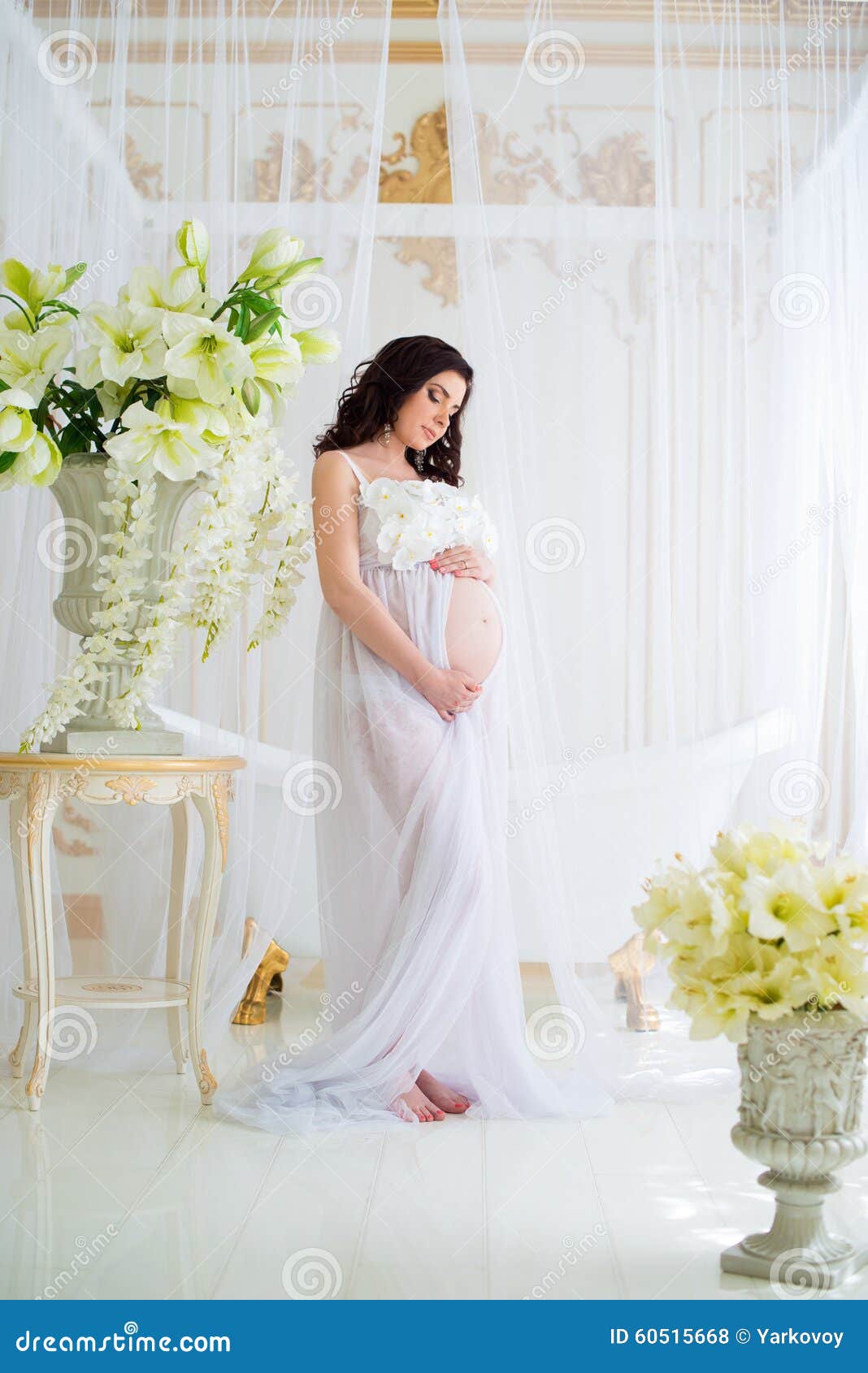 Muchacha Embarazada Hermosa En Interior Con Las Flores Y Las Cortinas De  Tulle Foto de archivo - Imagen de lujo, femenino: 60515668