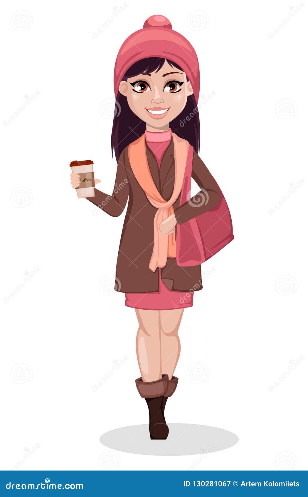 Muchacha Hermosa, Personaje De Dibujos Animados Mujer Linda Con El Monedero  Y El Café Ilustración del Vector - Ilustración de ropas, alegre: 130281067