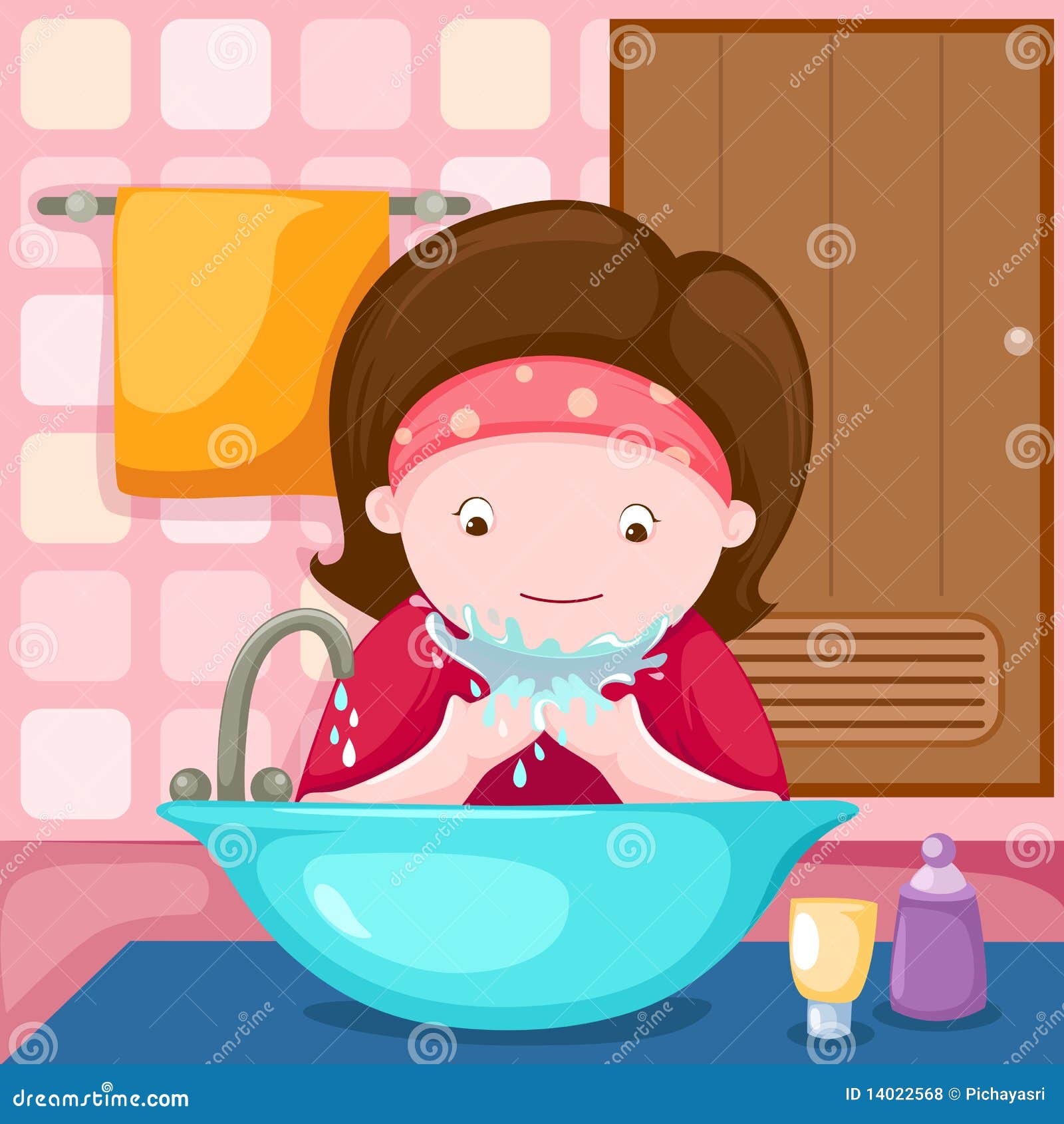 Muchacha Que Se Lava La Cara En Cuarto De Baño Ilustración del Vector