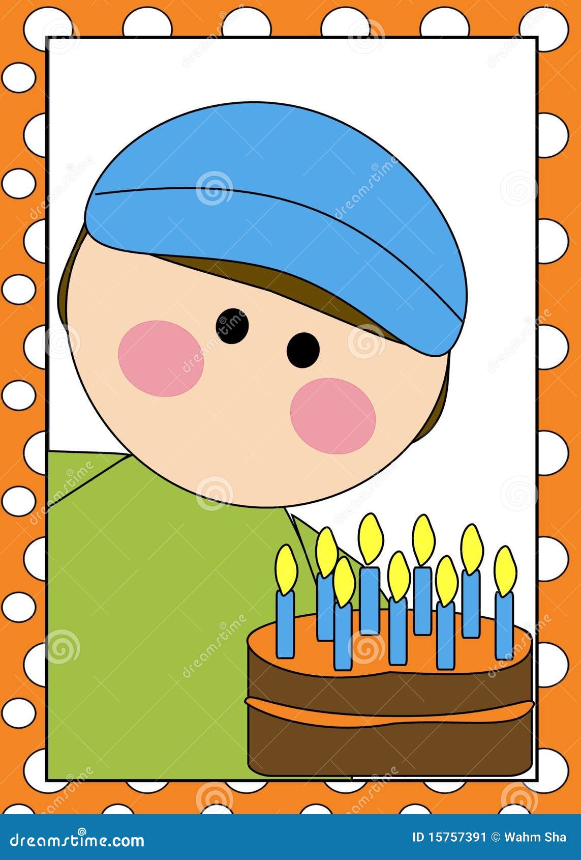 Muchacho con la torta de cumpleaños. Ilustración de la historieta del muchacho con las velas en la torta de cumpleaños, frontera decorativa.