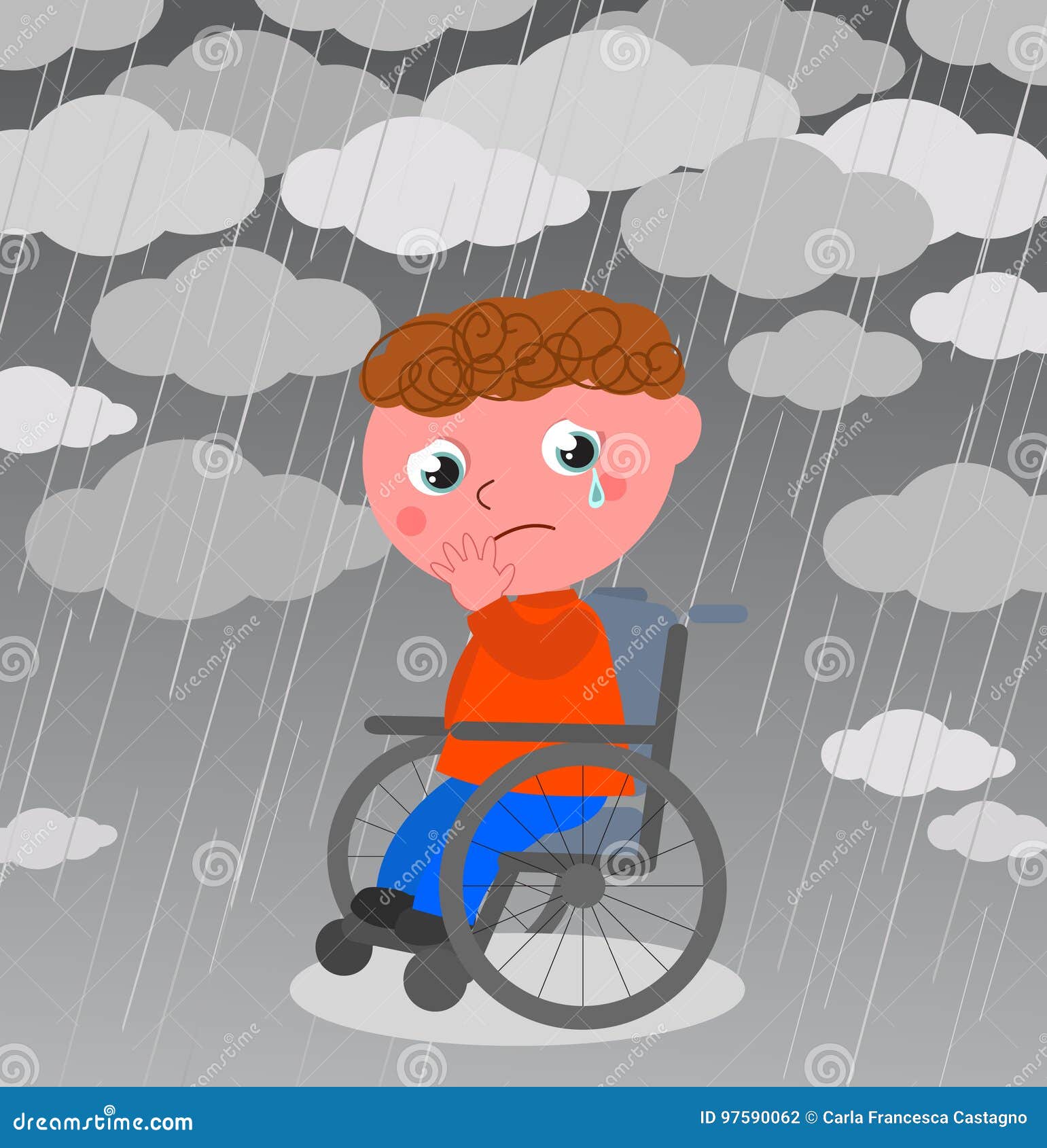 Muchacho muy triste en vector de la silla de ruedas. Niño inhabilitado gritador debajo de la lluvia, ejemplo del vector