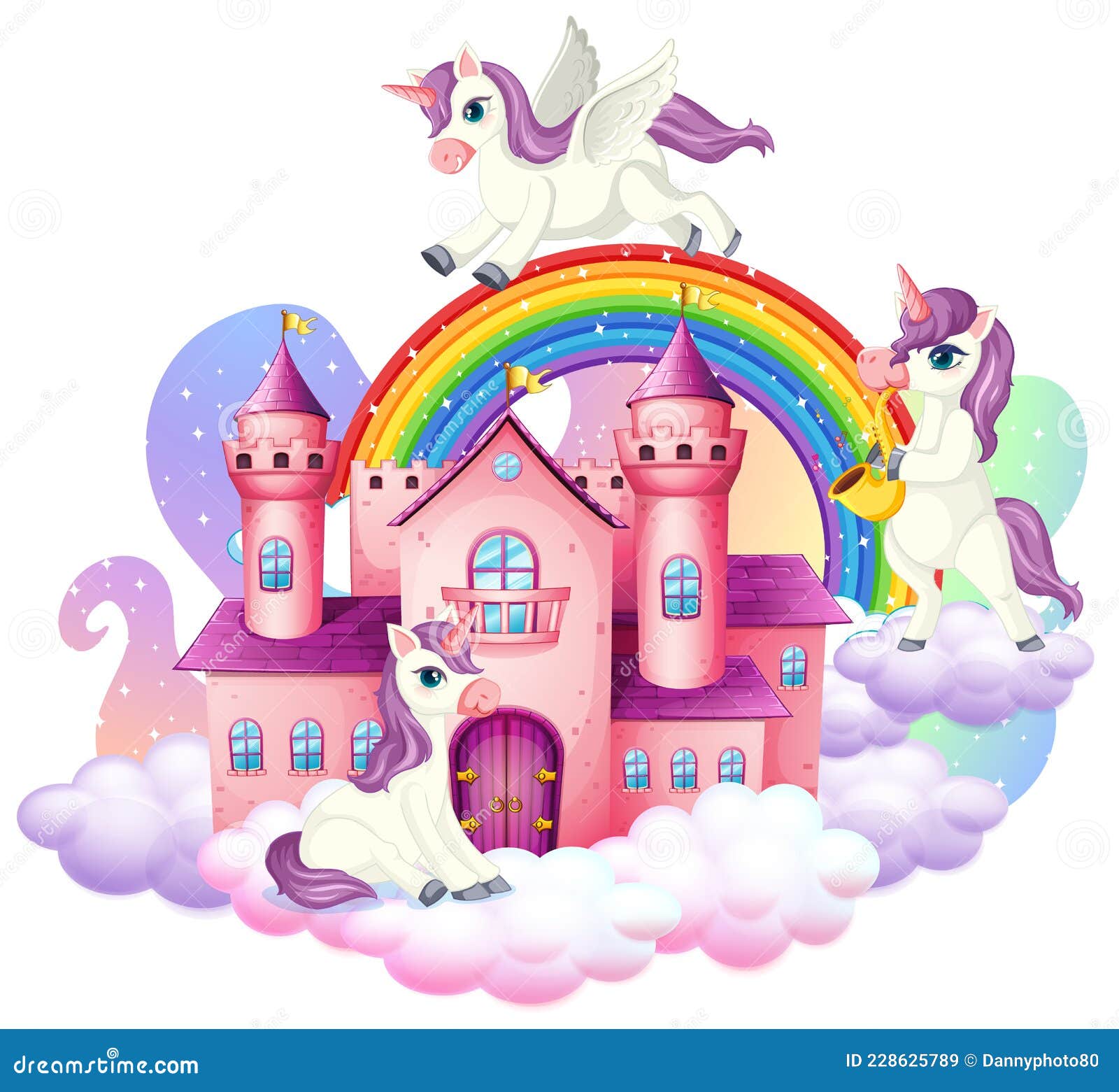 Muchos Adorables Personajes De Dibujos Animados De Unicornios Con Castillo  En La Nube Ilustración del Vector - Ilustración de color, travieso:  228625789