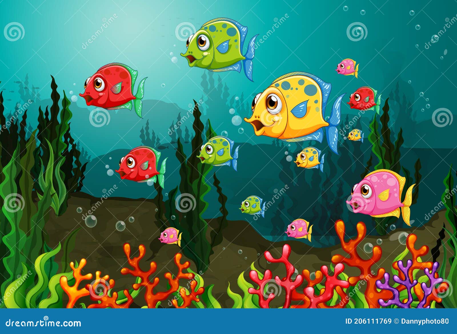 Muchos Personajes De Dibujos Animados De Peces Exóticos En La Escena  Submarina Con Corales Ilustración del Vector - Ilustración de coral,  paisaje: 206111769