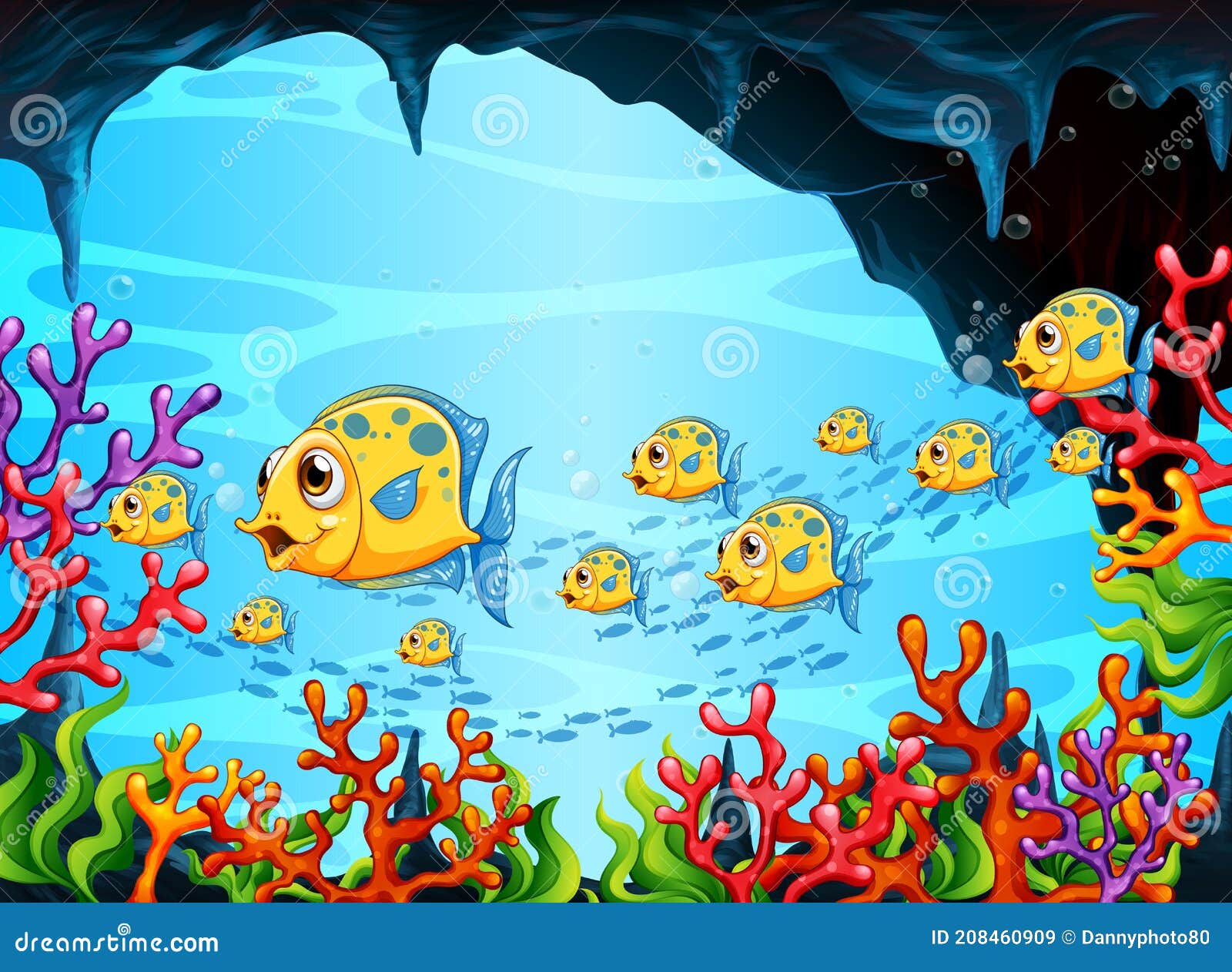 Muchos Personajes De Dibujos Animados De Peces Exóticos En La Escena  Submarina Con Corales Ilustración del Vector - Ilustración de ambiente,  adorable: 208460909