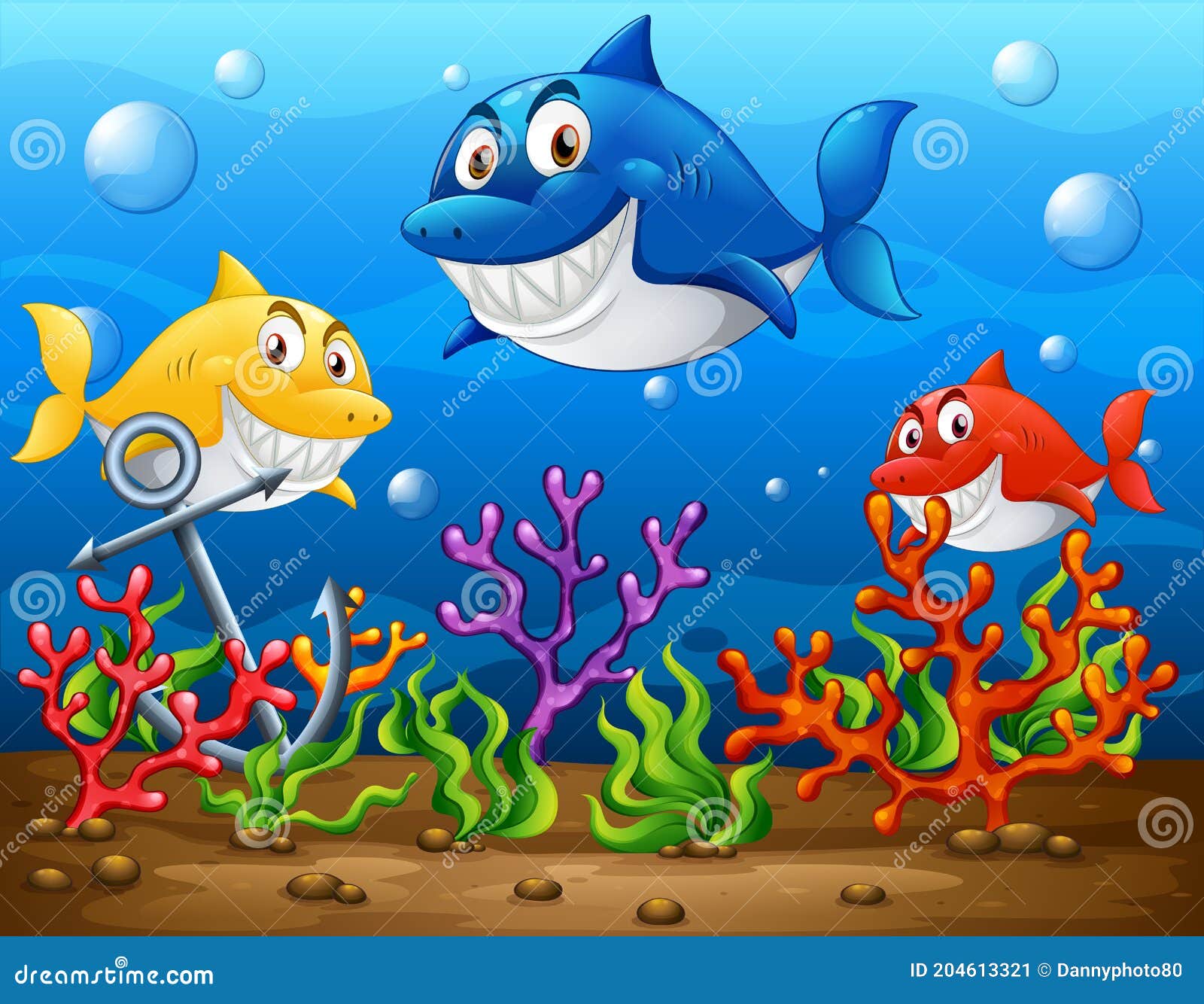 Muchos Tiburones Personaje De Dibujos Animados En El Fondo Submarino Stock  de ilustración - Ilustración de travieso, criatura: 204613321