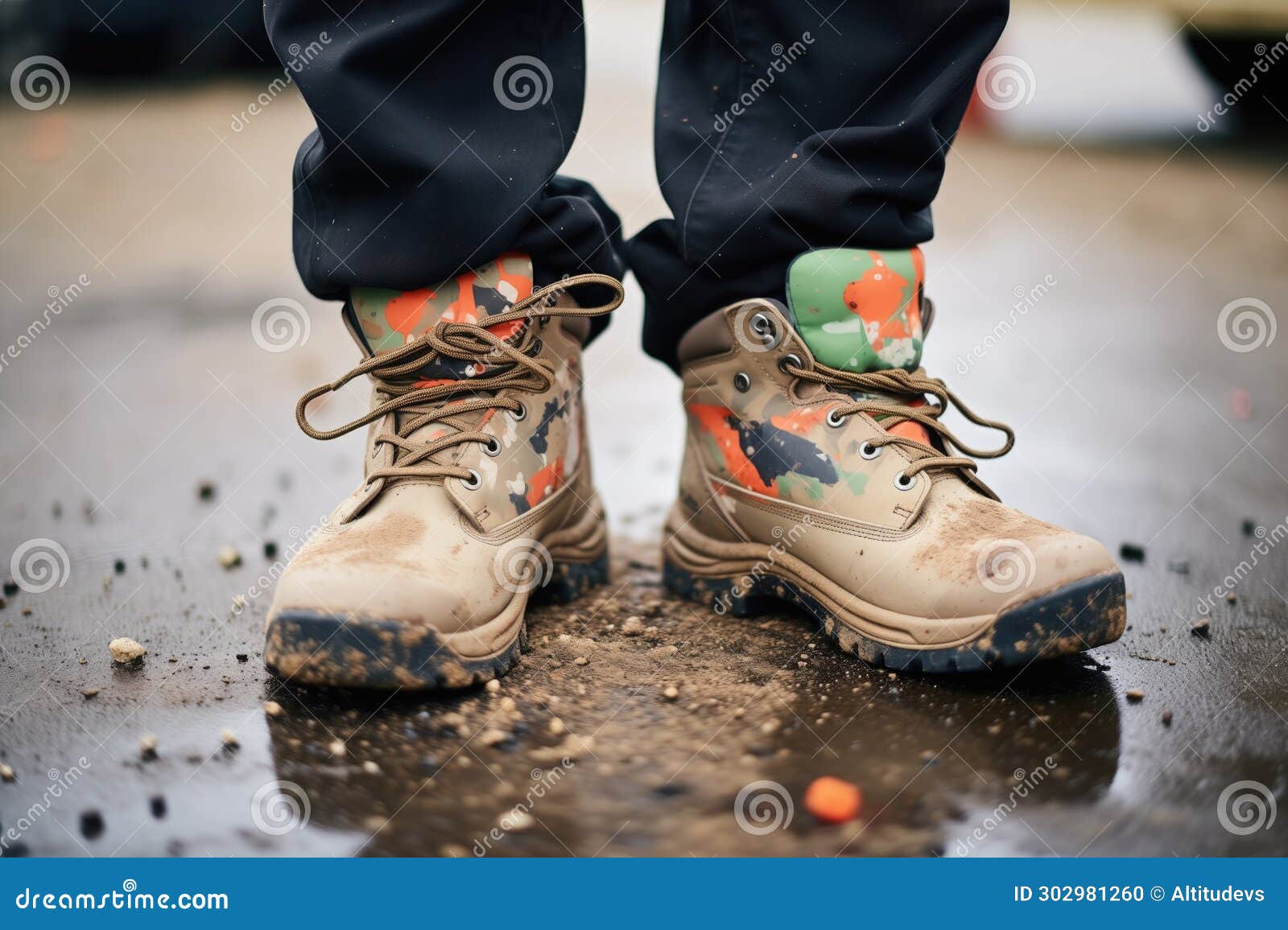 mud-caked work boots with prints trailing behind them