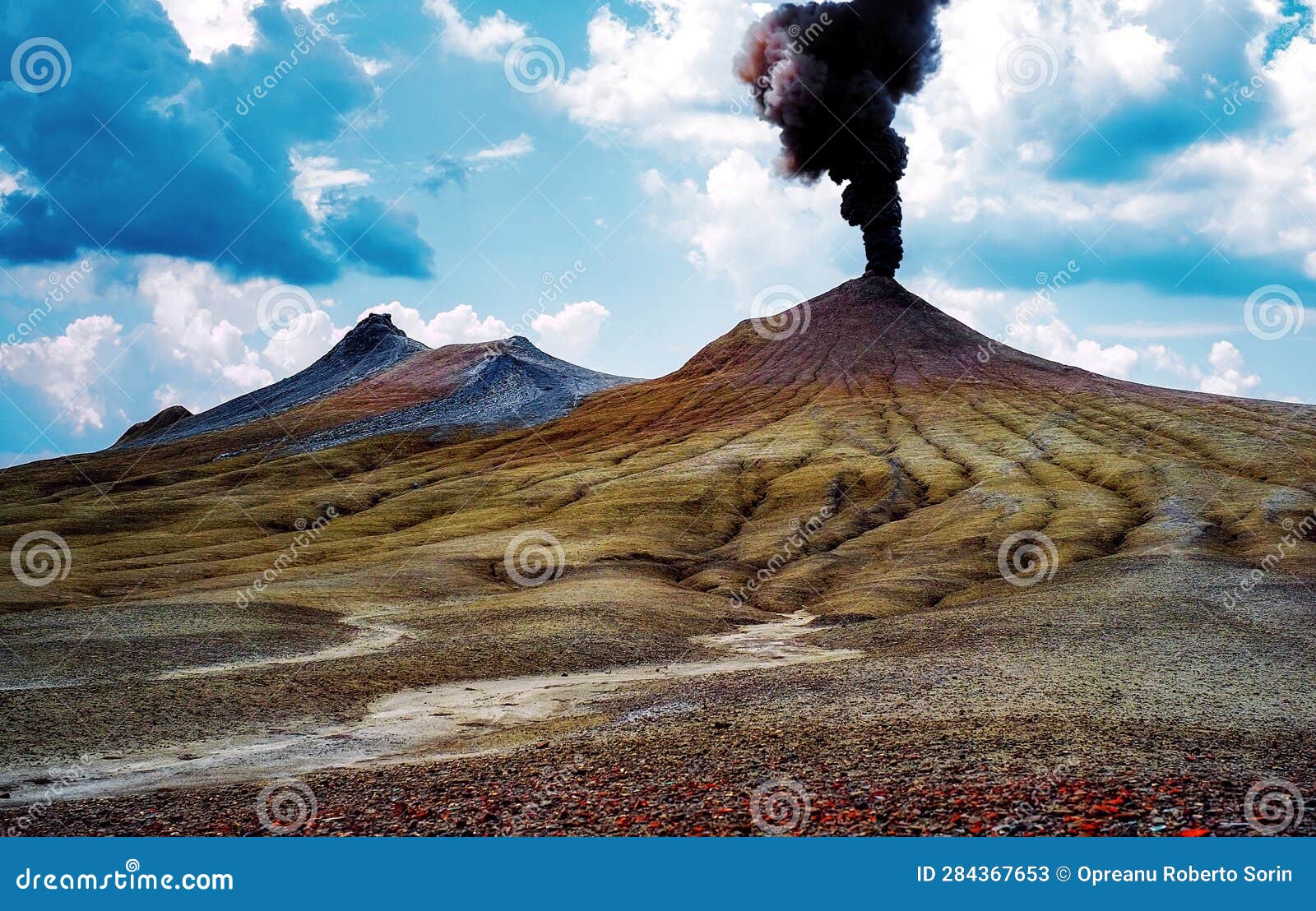 mud volcanoes. with smoke eruption
