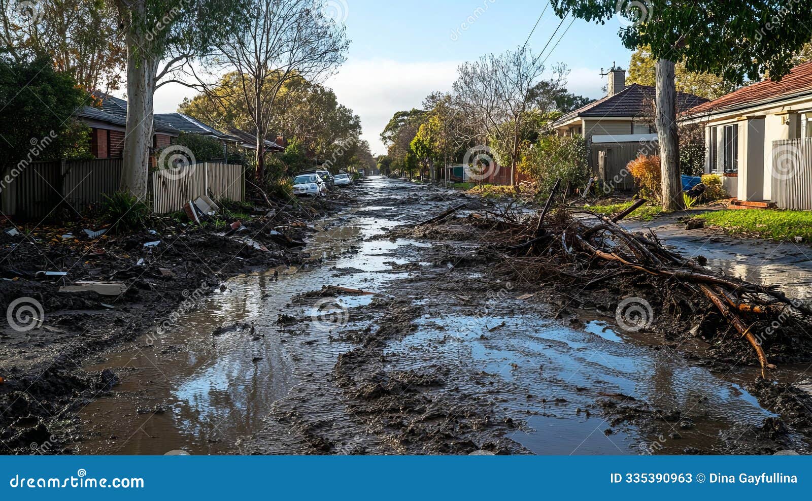 muddy residential street after flooding, debris and branches scattered around, clear sky.