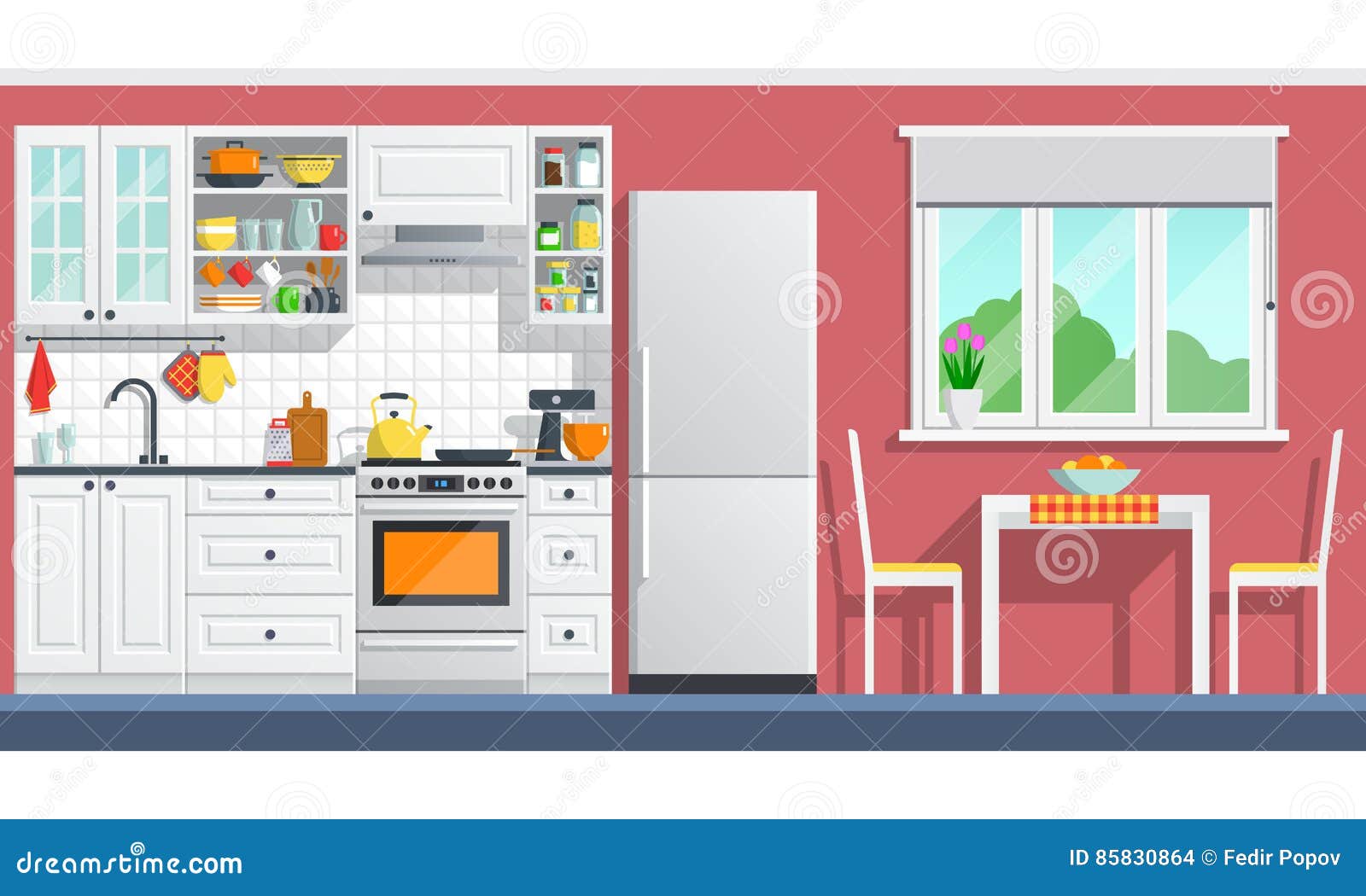 Muebles De La Cocina Con Los Dispositivos En Una Pared Roja Ilustración del  Vector - Ilustración de cocina, acogedor: 85830864