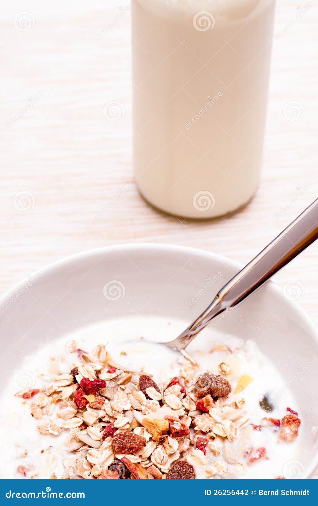 Muesli with a Bottle of Milk Stock Photo Image of spoon, yoghurt