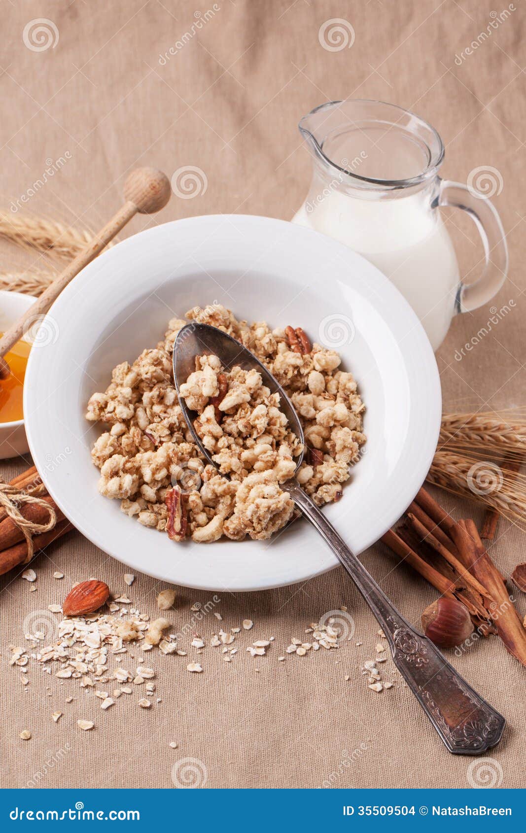 Muesli met melk en honing stock foto. Image of müsli 35509504