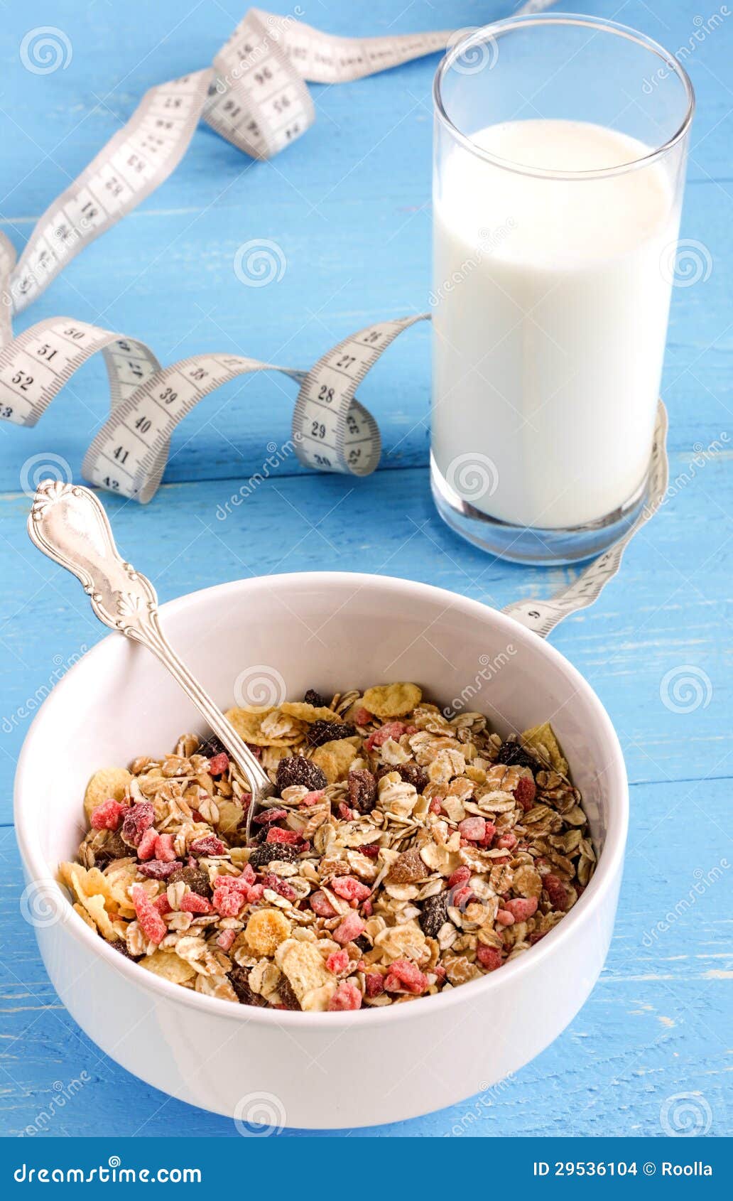 Muesli with Milk and a Measuring Tape Stock Photo Image of food, flakes 29536104