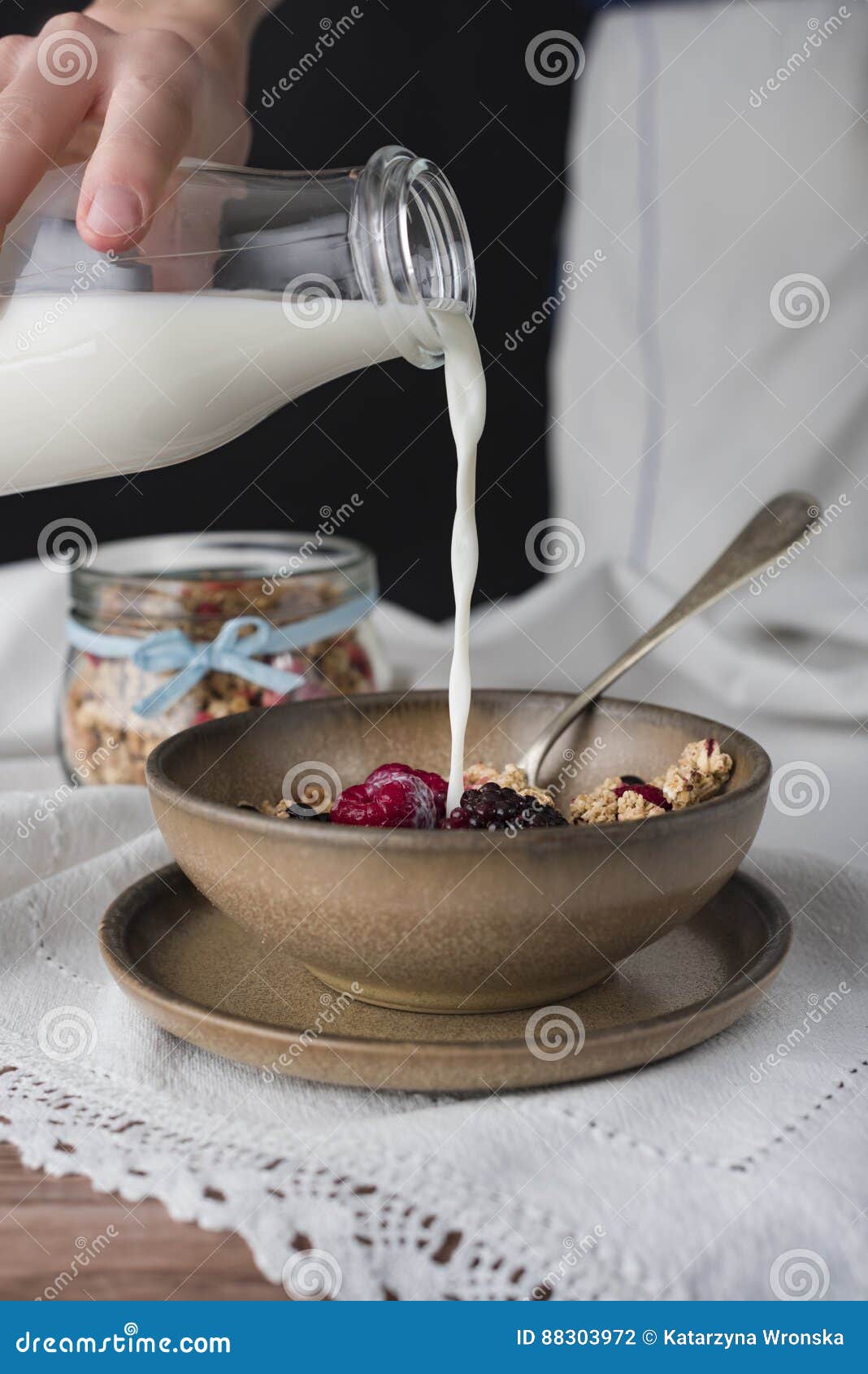 Muesli with milk. stock photo. Image of milk, eats, calorie 88303972