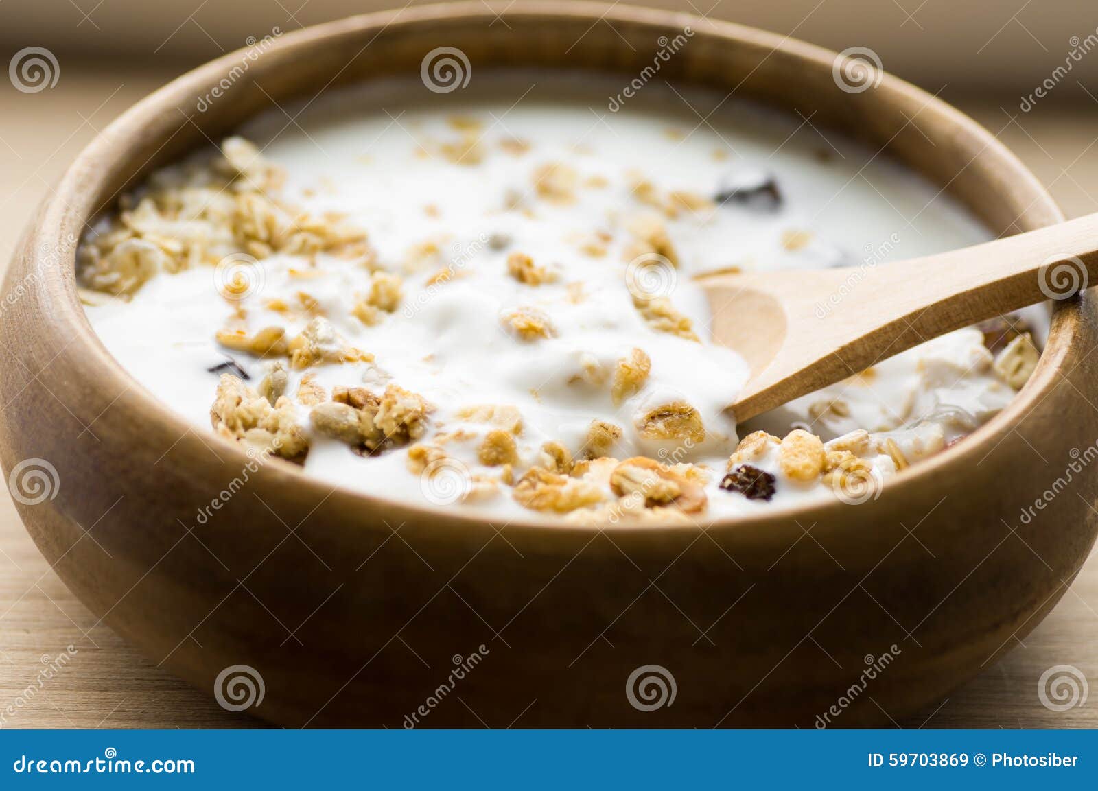 Muesli with Milk in a Rustic Wooden Bowl Stock Image Image of wooden