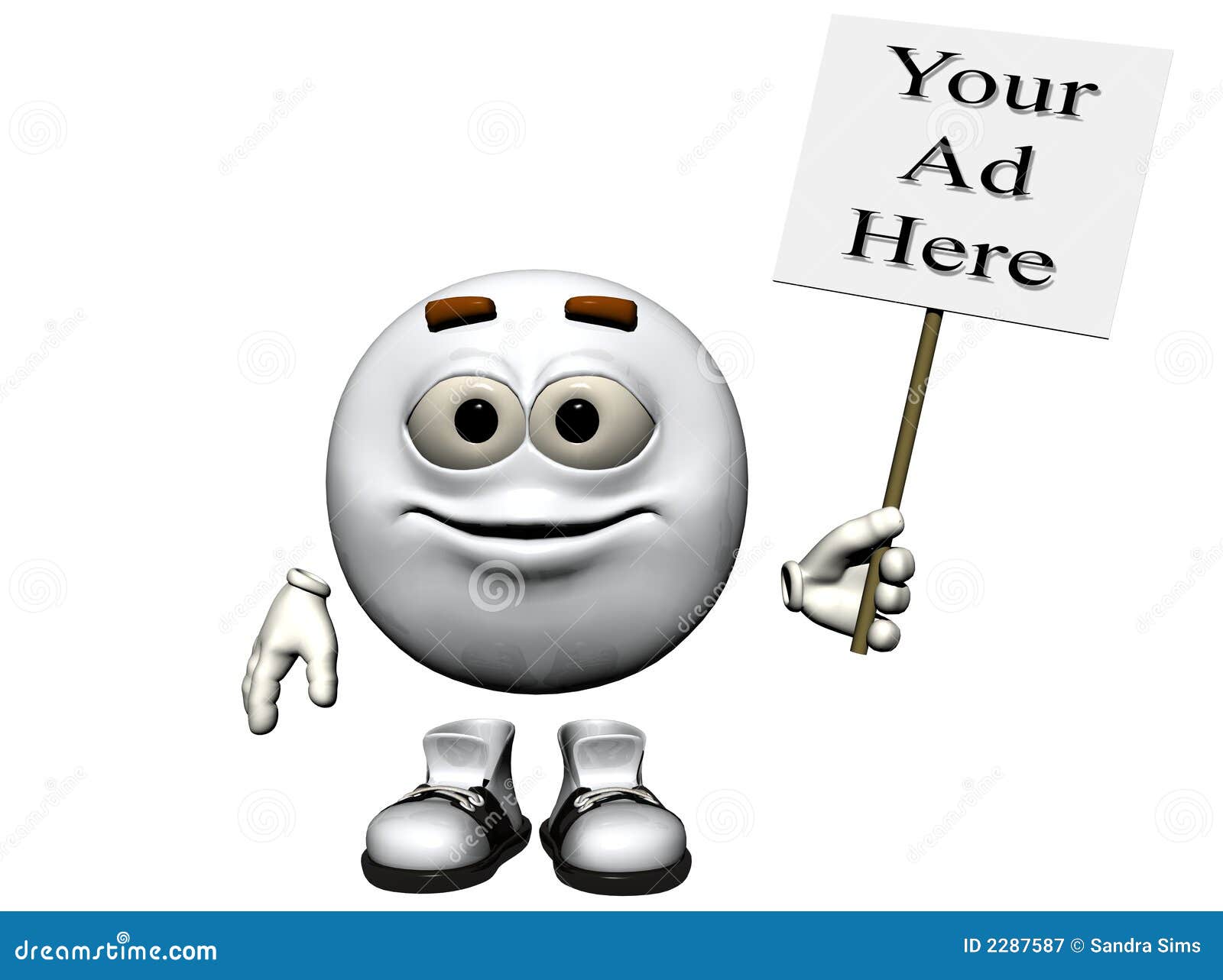 Muestra del metal blanco. Un emoticon brillante sonriente del metal blanco que lleva a cabo una muestra apenas endereza para su anuncio. Imagen originada en ordenador, modelos 3D.