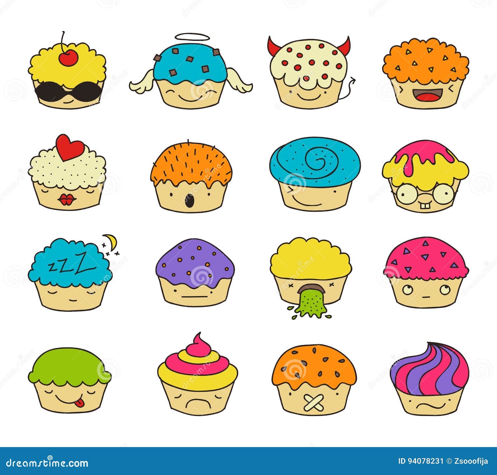 Muffin emoji Satz vektor abbildung. Illustration von zeichen 94078231