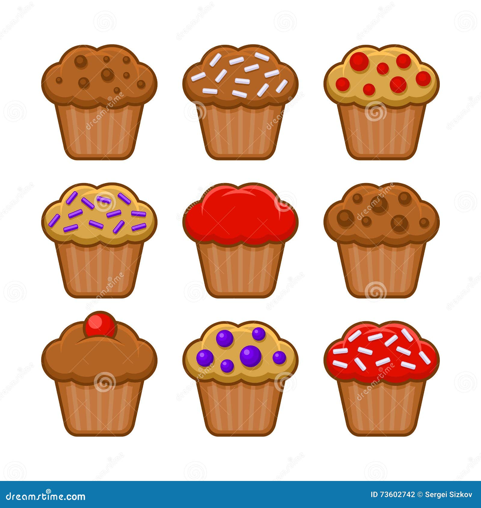 muffin icon set. blueberry, chocolate and cherry cupcake. 