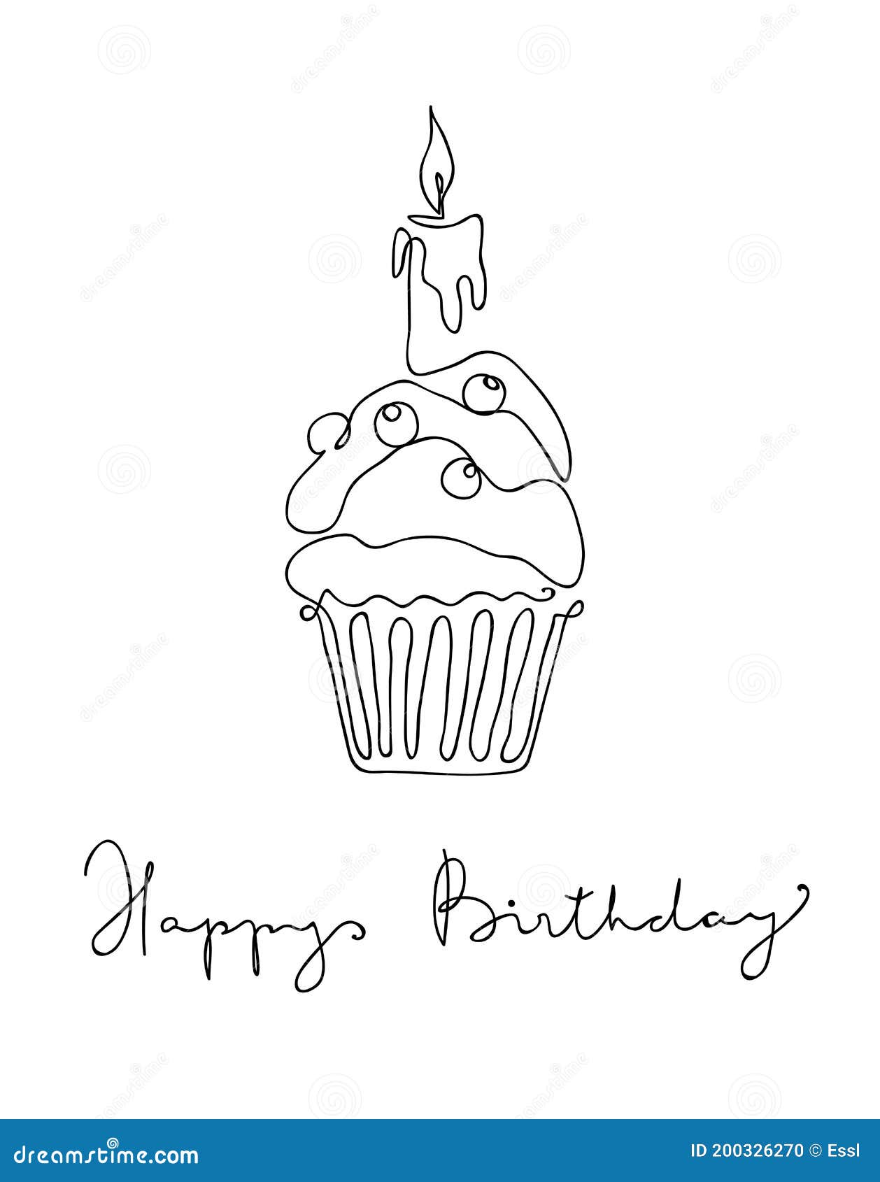 Muffin with One Candle Isolated on White Background. Hand Drawn Vector ...