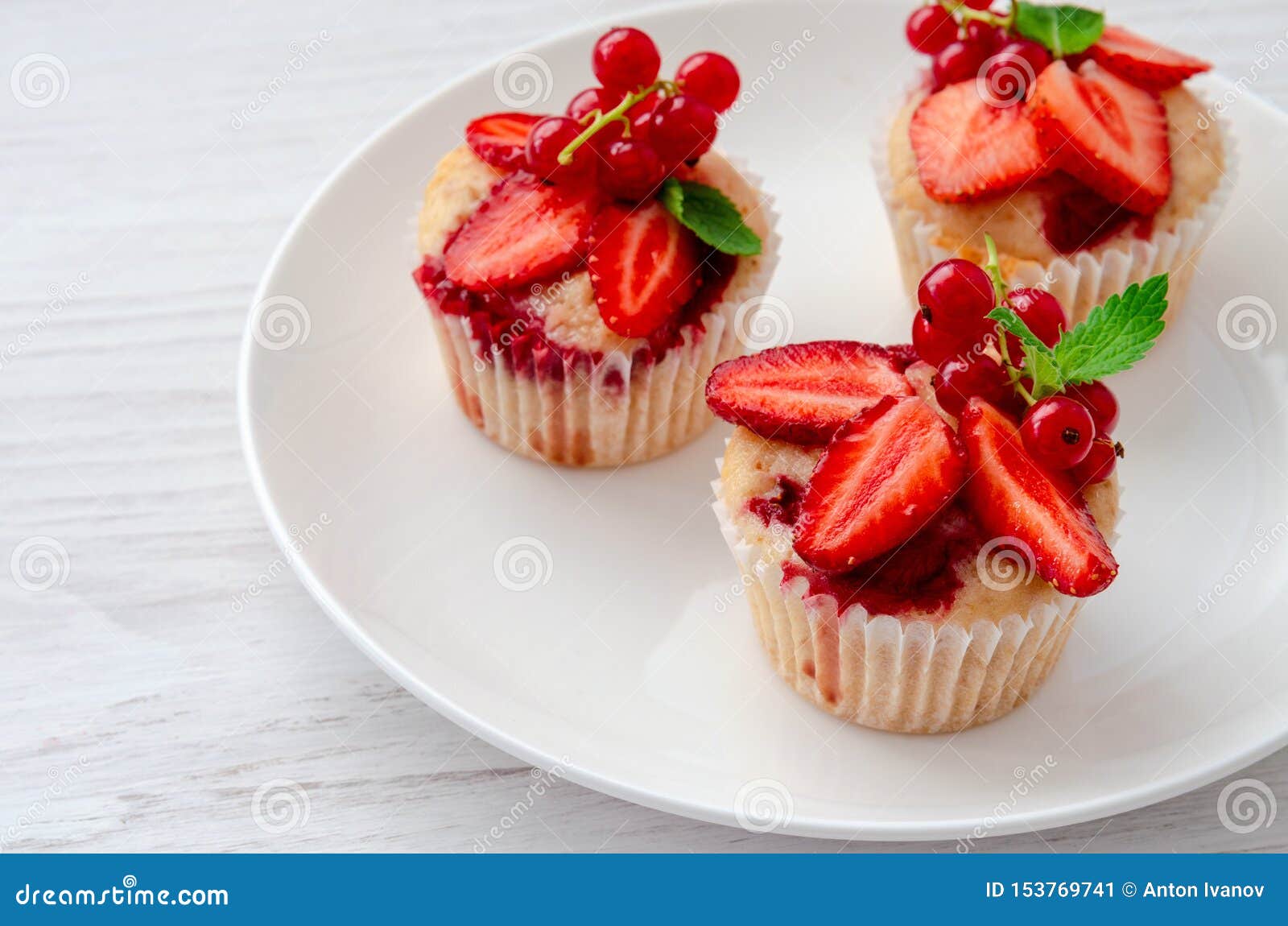 Muffins Decorated Fresh Strawberry on the Plate Stock Image Image of