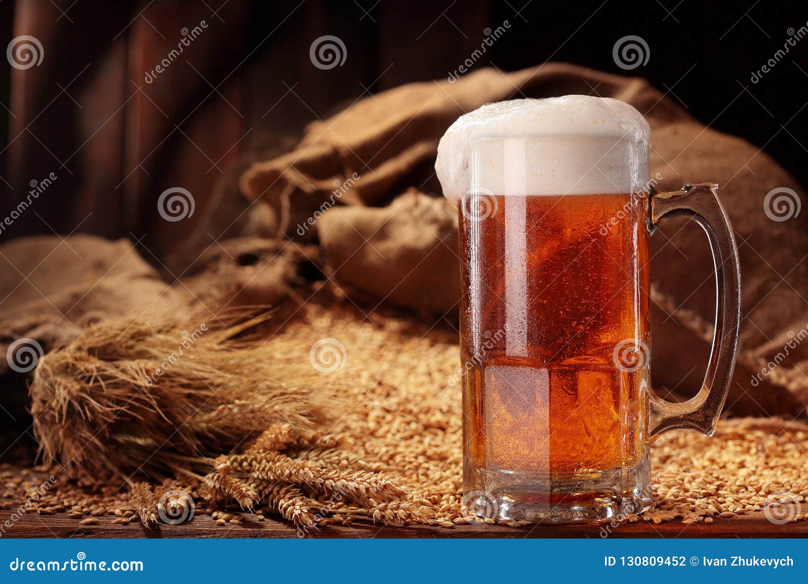 Mug of Beer in Malt.Pale Malt, Crystal Malt. Still Life. Copy Space