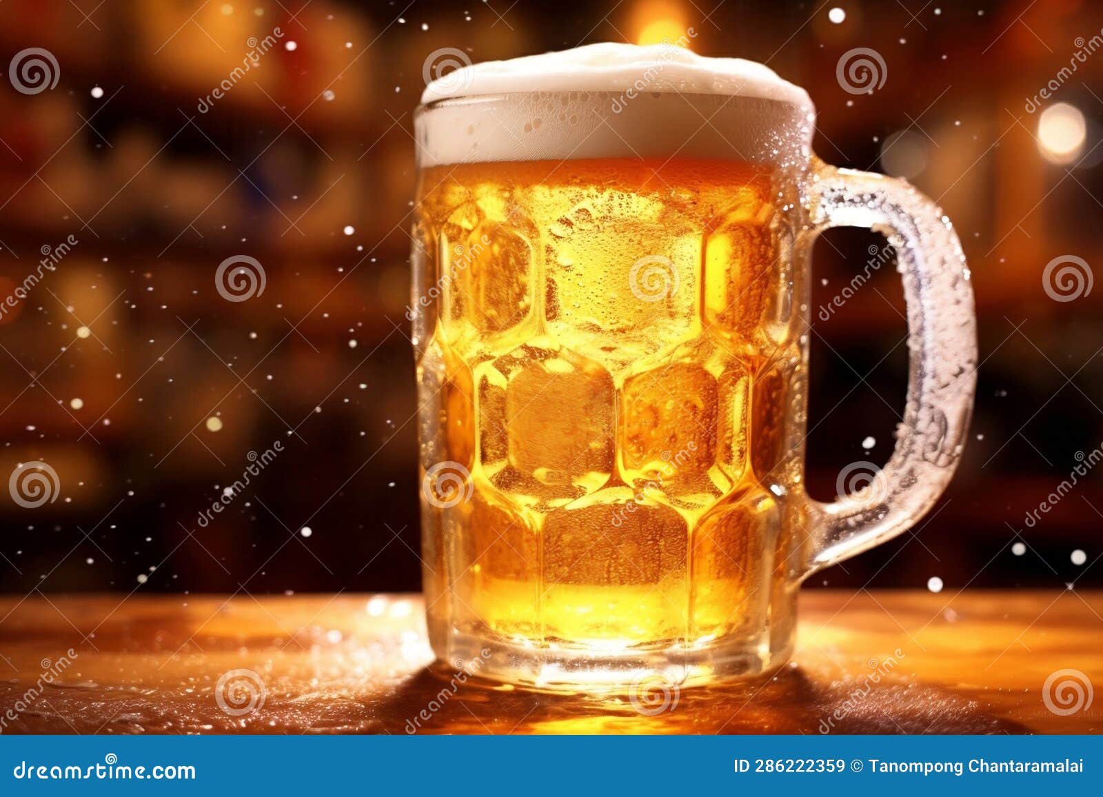 a mug of beer wiht some spilled beer foam in the air at the pub on blurred background with copy space, party and celabration