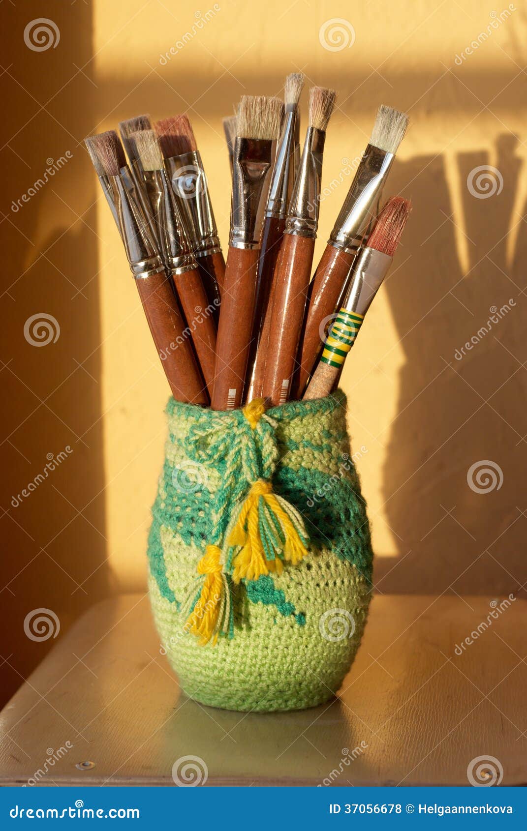 Paint Brushes With Gouache In Cup Isolated On White Stock Photo