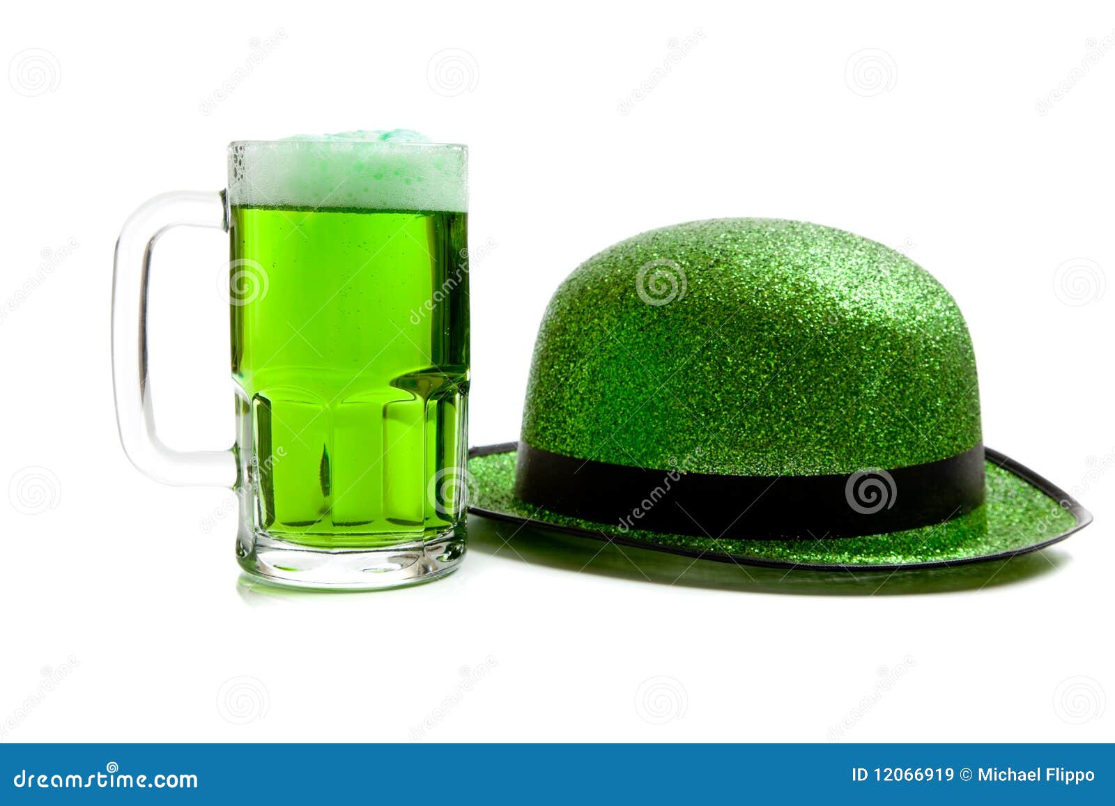 Mug of Green Beer and Green Glitter Hat on White Stock Image Image of