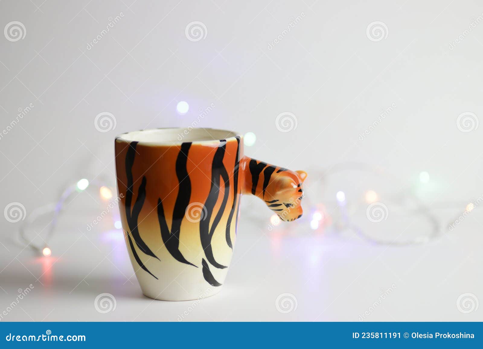 Mug in Print of Tiger with Christmas Lights on Background. Stock Image -  Image of black, christmas: 235811191
