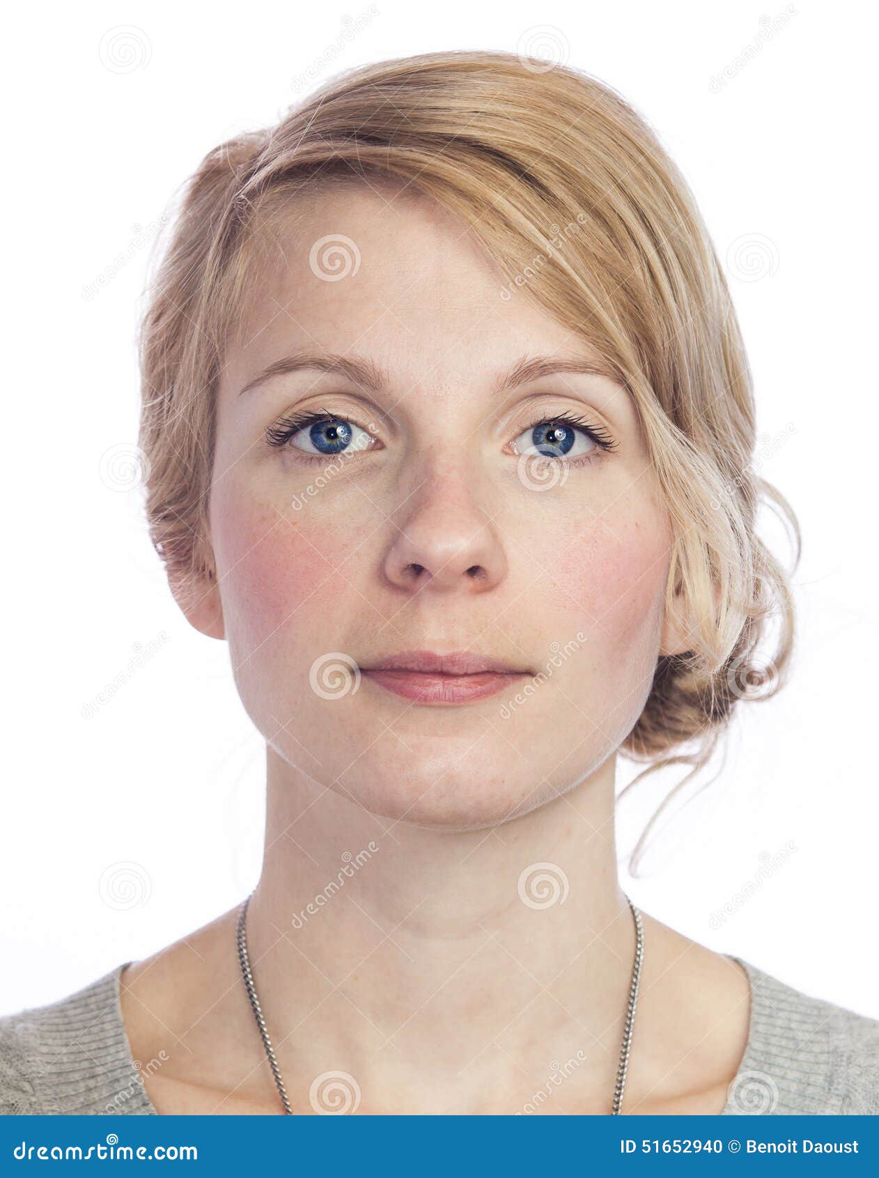 mugshort of a beautiful woman with no facial expression