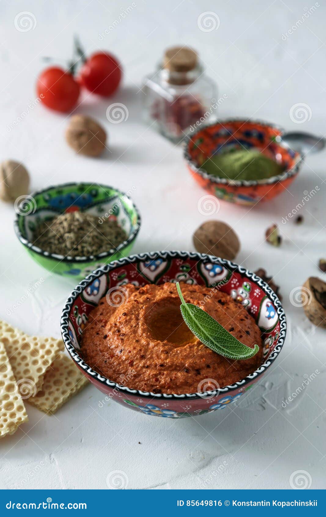 Muhammara Dip of Sweet Peppers with Walnuts, Cumin, Garlic and Olive