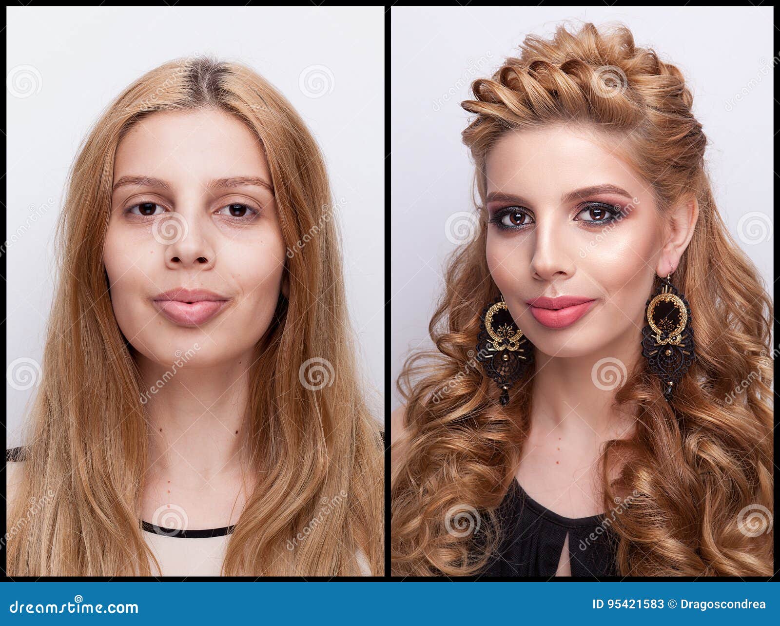 Mujer Antes Y Después Del Maquillaje Y Del Peinado Imagen de archivo -  Imagen de concepto, proceso: 95421583