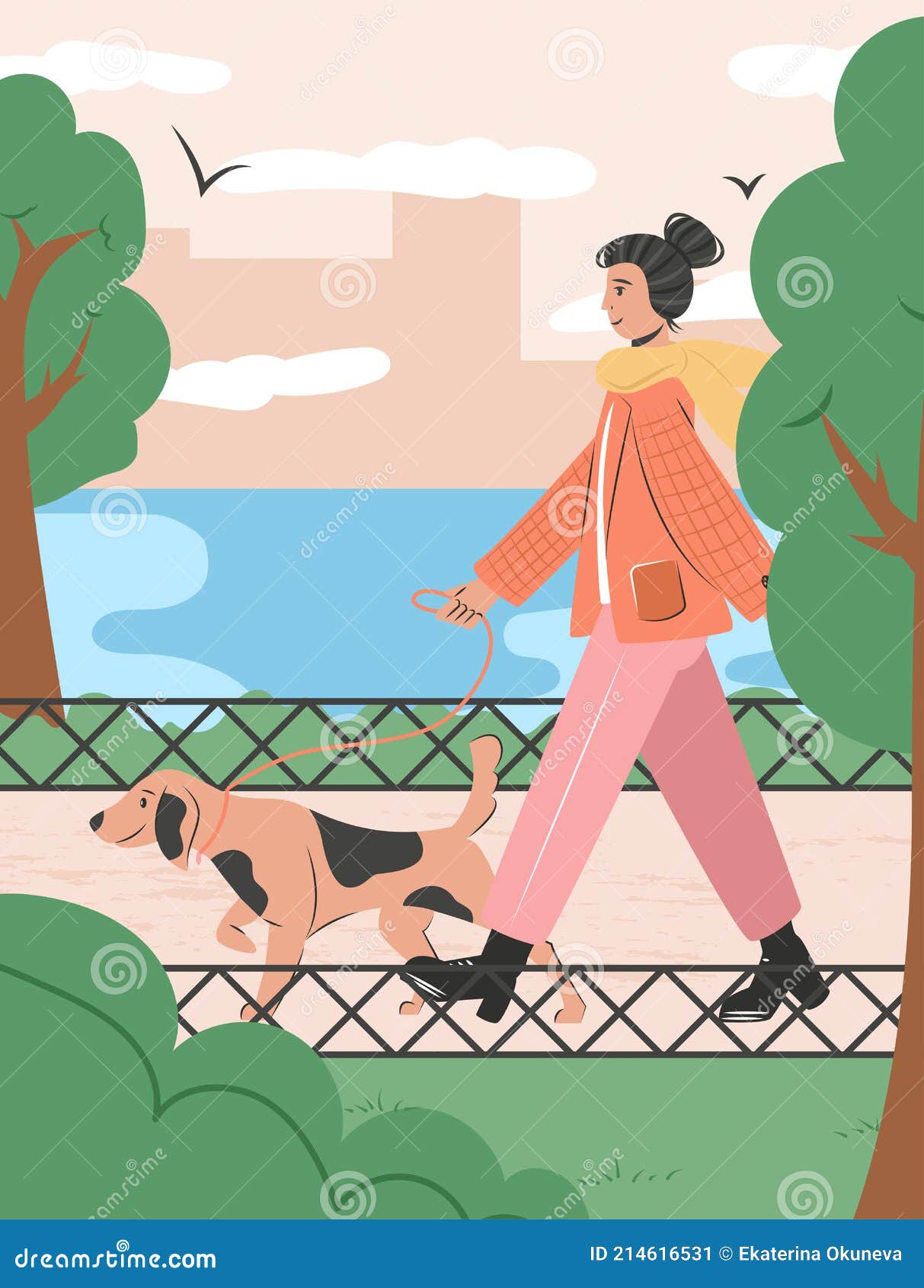 Mujer Caminando En Parque De La Ciudad Con Perro Vector Plano Ilustración  De Dibujos Animados. Personaje Femenino Pasar Tiempo Con Ilustración del  Vector - Ilustración de ciudad, plano: 214616531