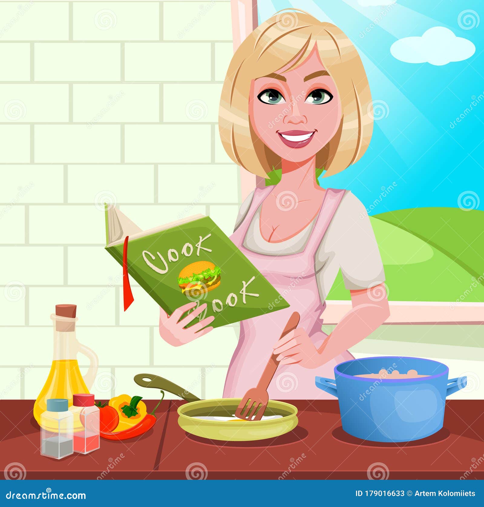 Mujer Cocinando En Casa. Jovencita Ilustración del Vector - Ilustración de  comida, cookbook: 179016633