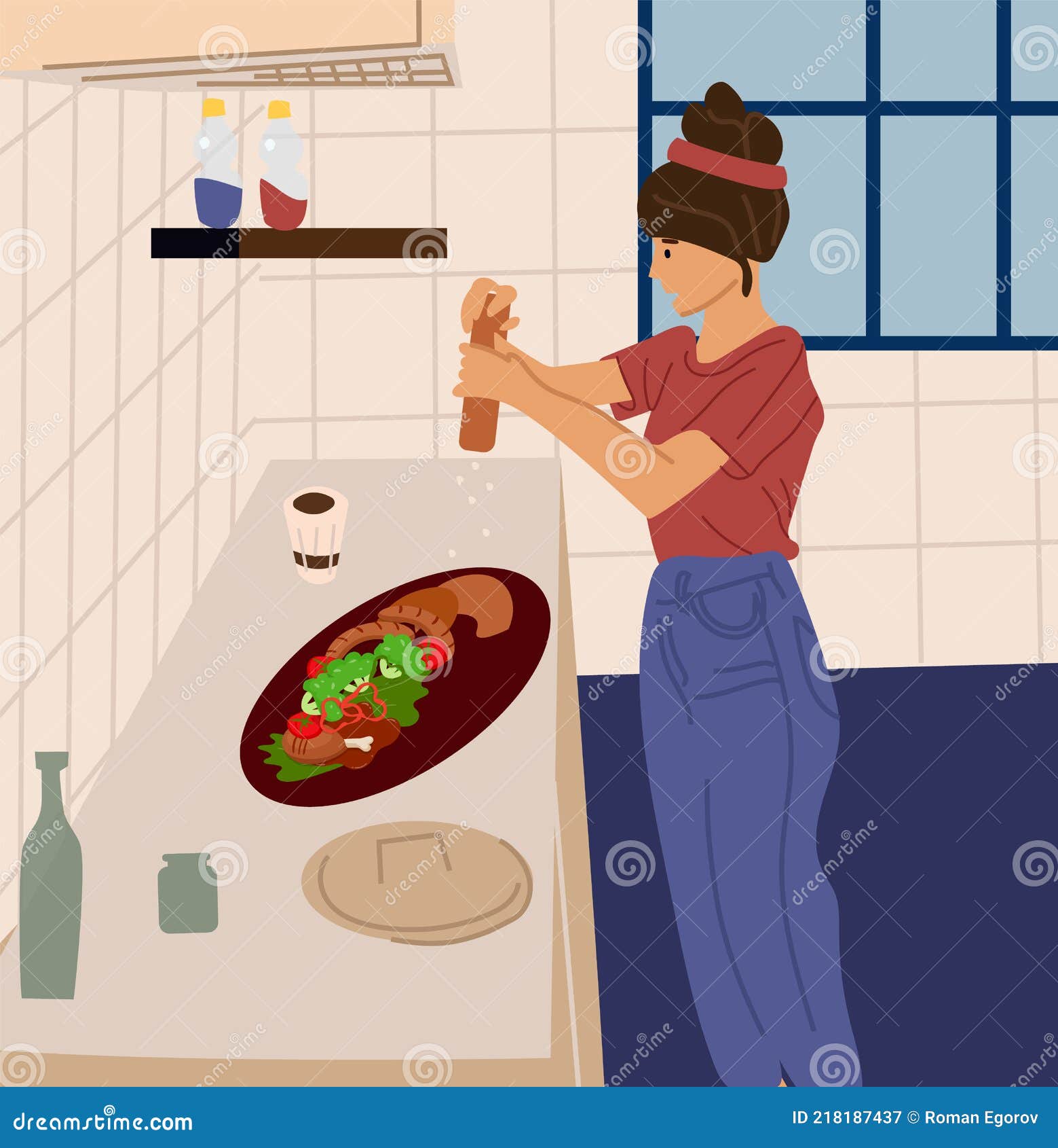Mujer Cocinando En La Cocina. Hembra Preparando Comida En Casa. Ensalada O  Carne De Salazón De Carácter Joven. Chica Haciendo Tare Ilustración del  Vector - Ilustración de historieta, lindo: 218187437
