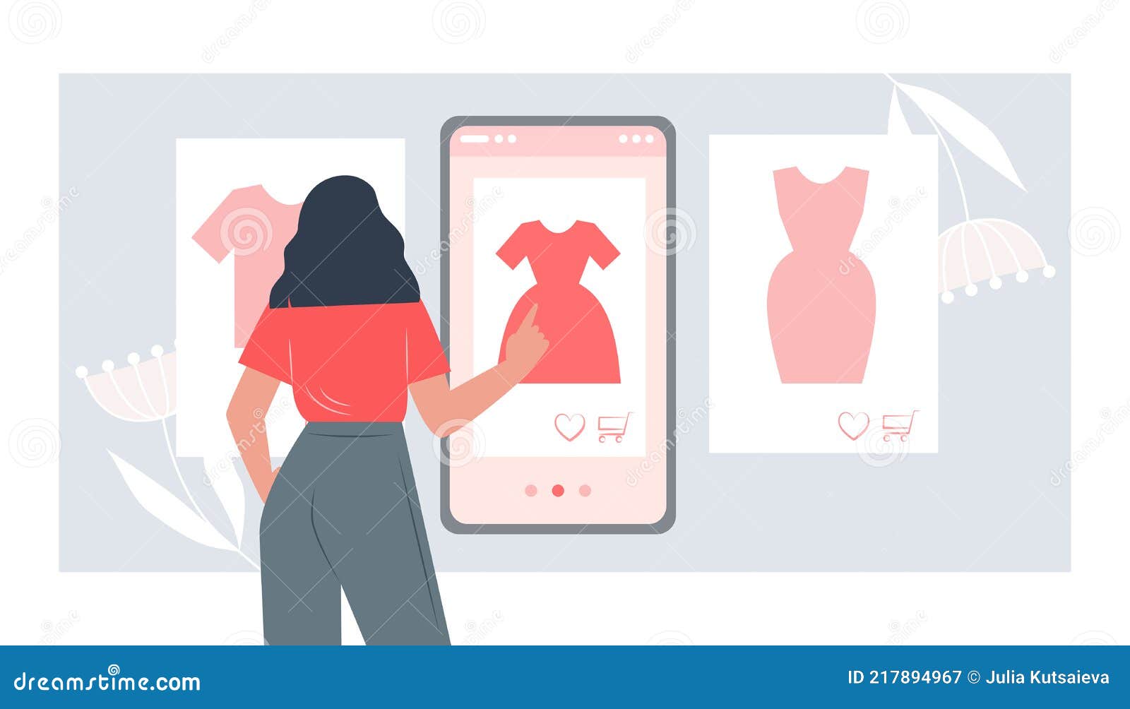 Mujer Ropa En Un Smartphone En Una Tienda Online Comprar Online a Través De Una Aplicación Móvil Ilustración Vector - Ilustración de ropas, venta: 217894967