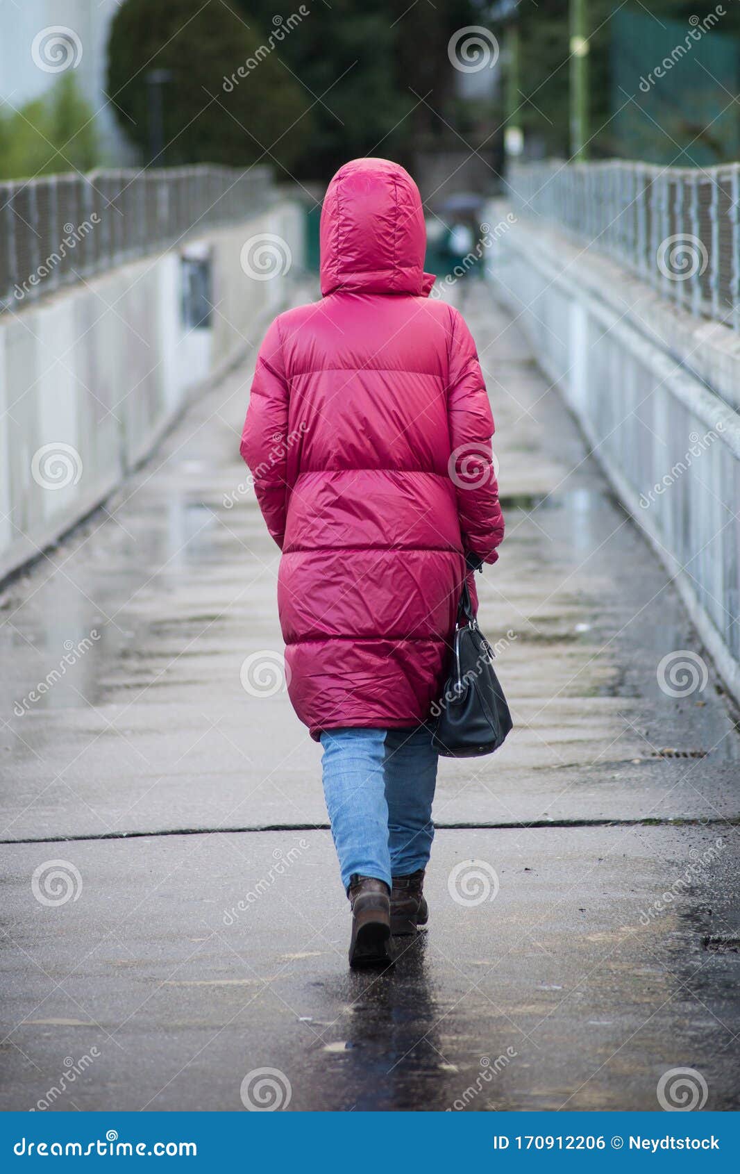 Mujer Abrigo Rosa Lluvia Caminando La Calle Foto de archivo - de retroceder, estilo: 170912206
