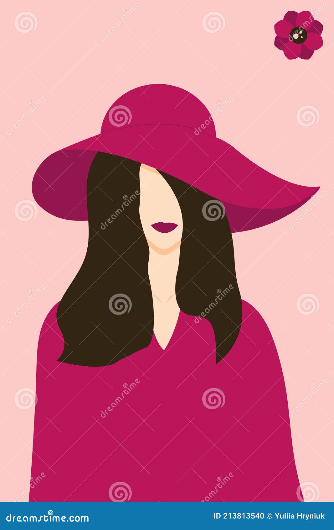 Mujer Con Hermoso Cabello En Un Sombrero De Borde Ancho Hermoso Peinado.  Morena. Ilustración del Vector - Ilustración de sombrero, rojo: 213813540