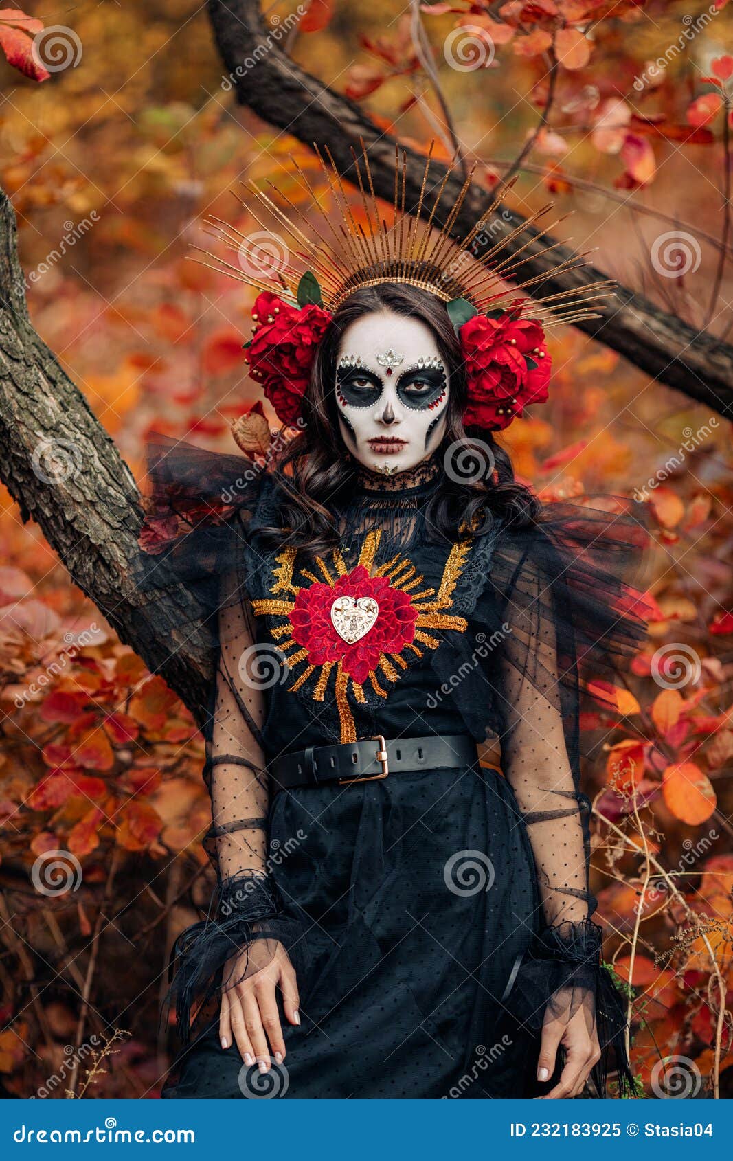 Mujer Con Maquillaje De Cráneo De Azúcar Vestida Como Santa Muerte Está En  Medio Del Bosque Otoñal Imagen de archivo - Imagen de horror, persona:  232183925