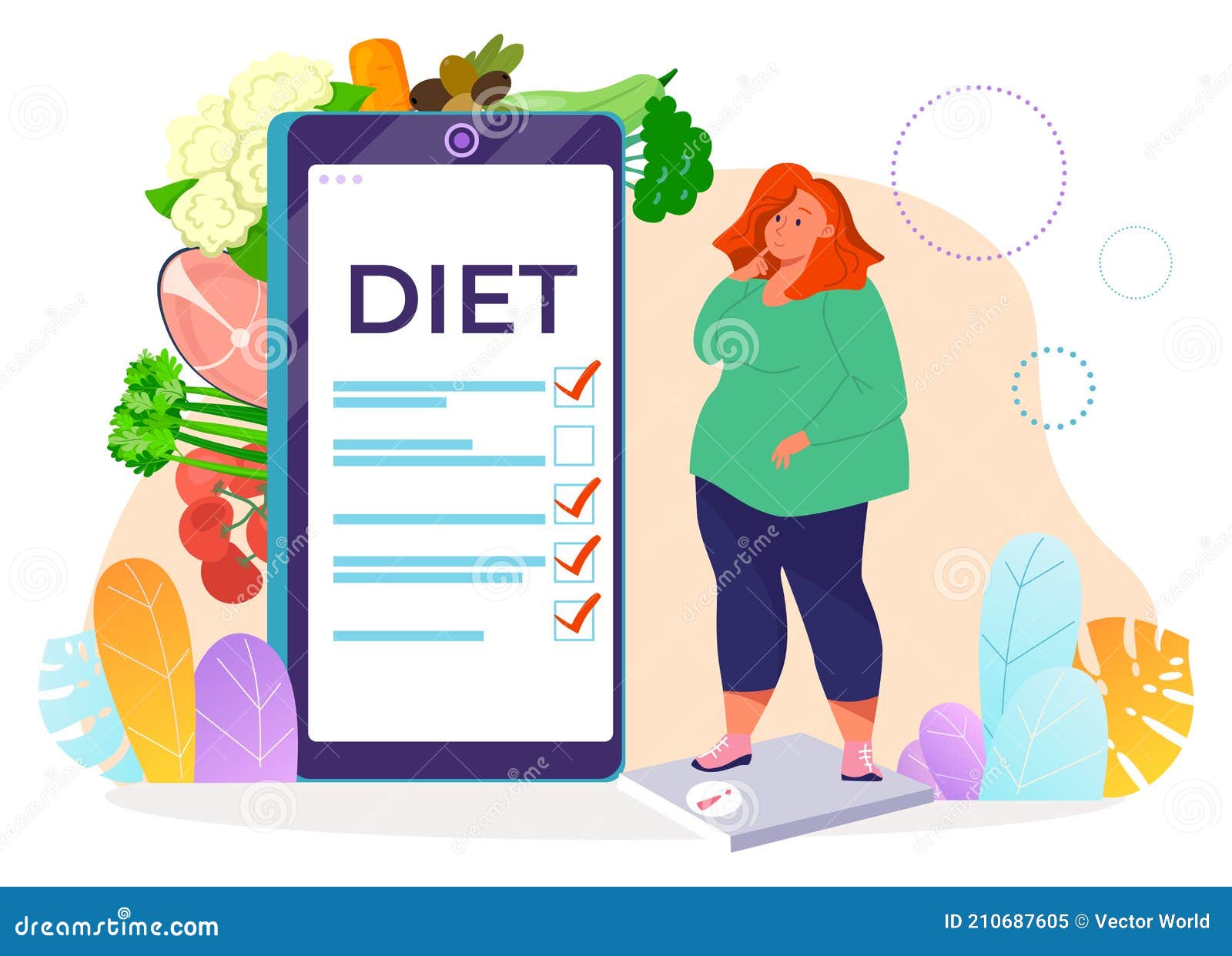 Mujer Con Sobrepeso En La Dieta Saludable Comer Obesidad Peligro Cuidado De  La Salud Concepto De Atención Médica Dibujo Animado Es Ilustración del  Vector - Ilustración de belleza, vector: 210687605